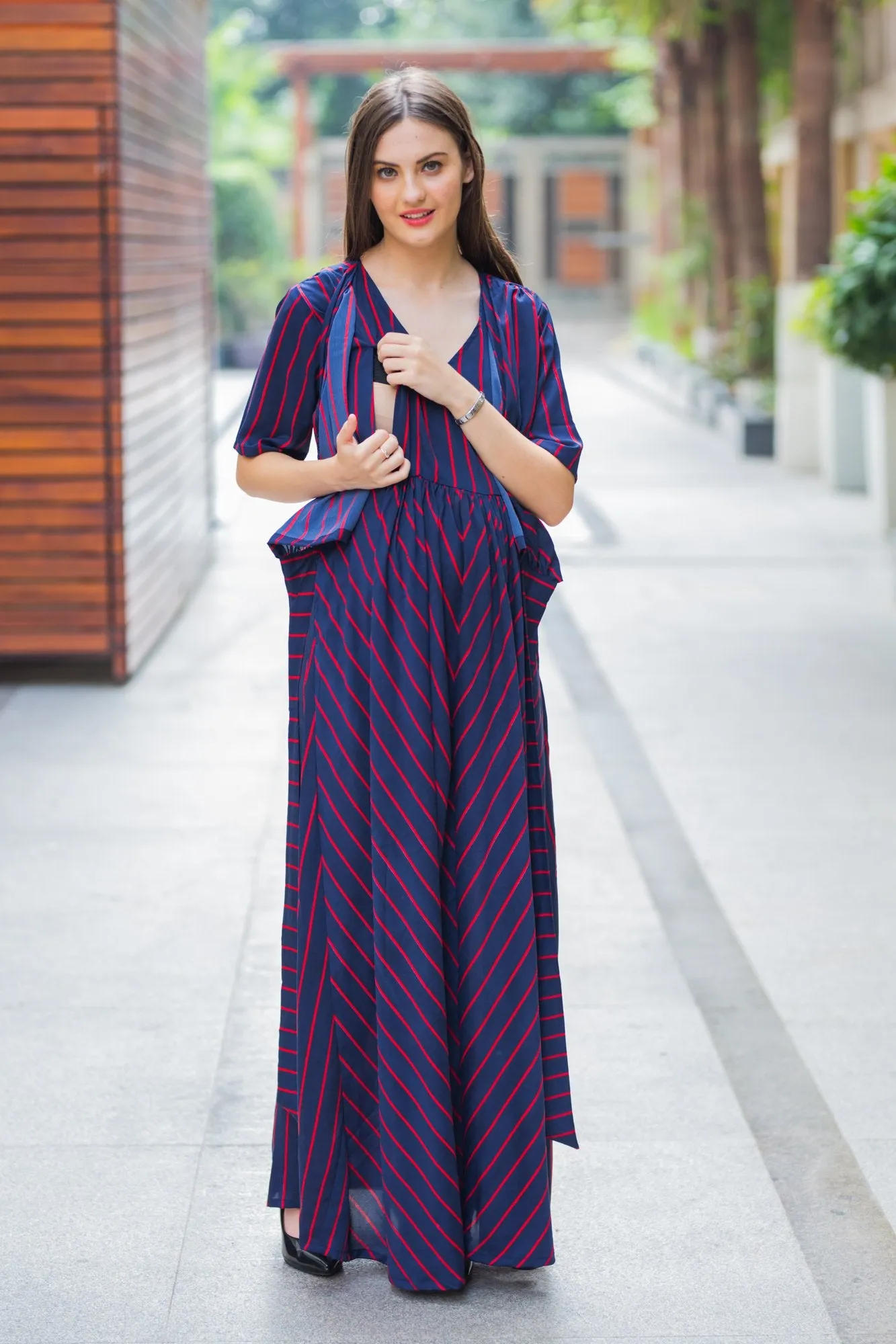 Era Navy Striped Maternity & Nursing Wrap Dress