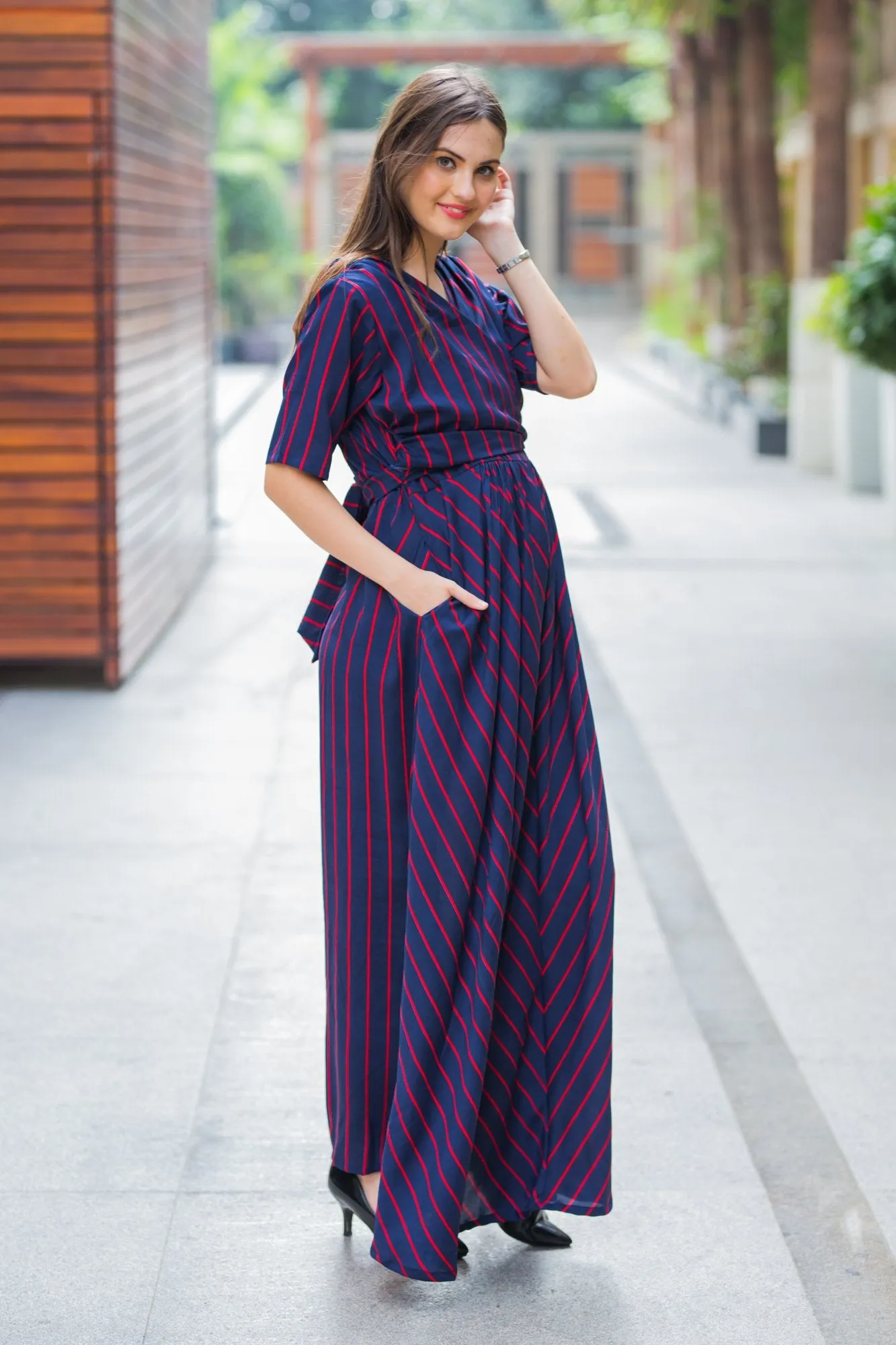 Era Navy Striped Maternity & Nursing Wrap Dress