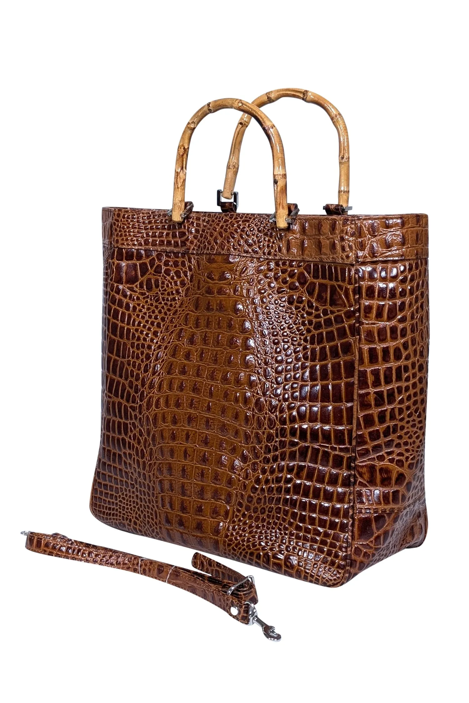 Eric Brand - Brown Croc Embossed Tote w/ Bamboo Handles & Detachable Strap