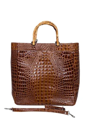 Eric Brand - Brown Croc Embossed Tote w/ Bamboo Handles & Detachable Strap