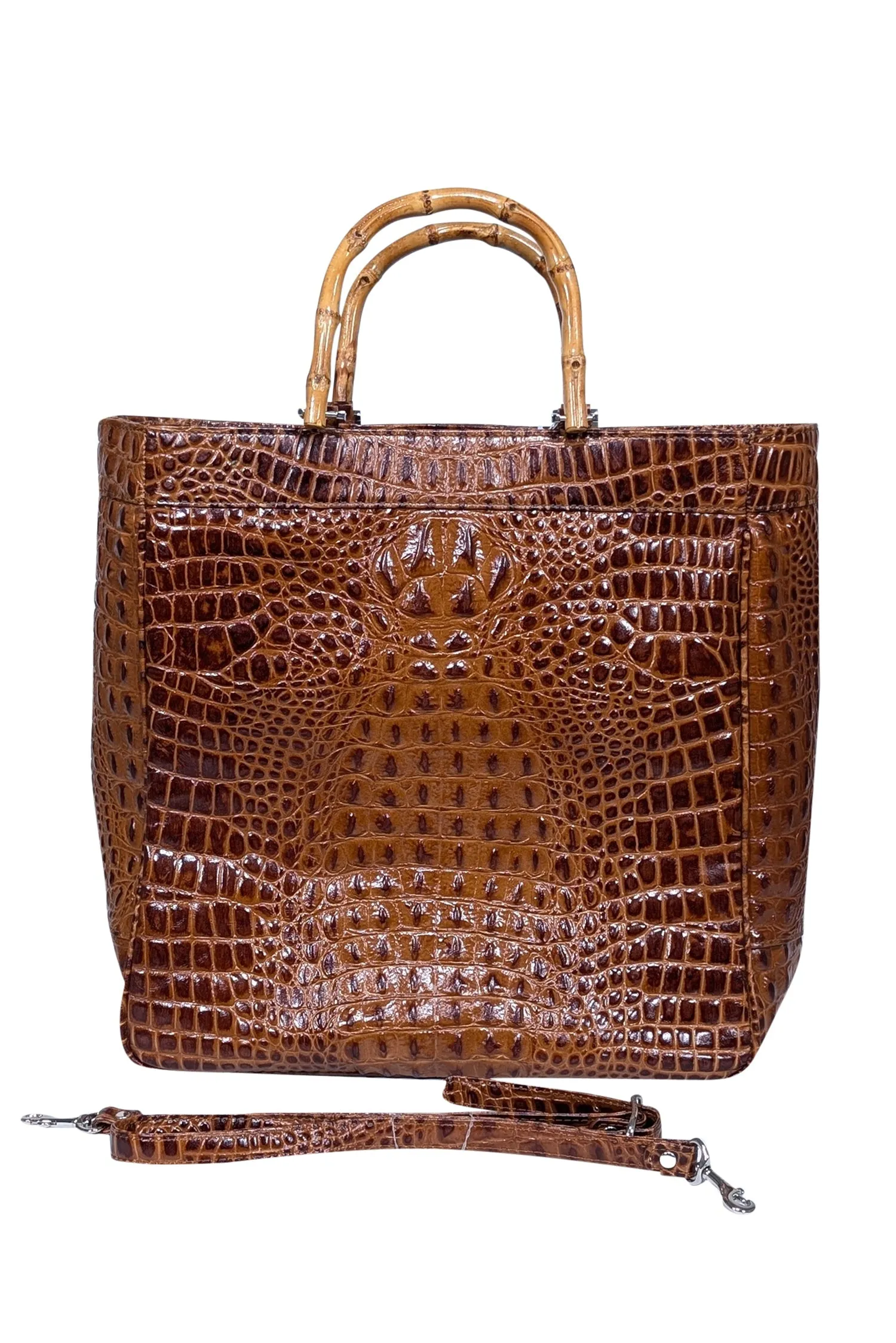 Eric Brand - Brown Croc Embossed Tote w/ Bamboo Handles & Detachable Strap