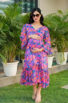 Flower Pop Pinky Orchid Maternity & Nursing Midi Wrap Dress