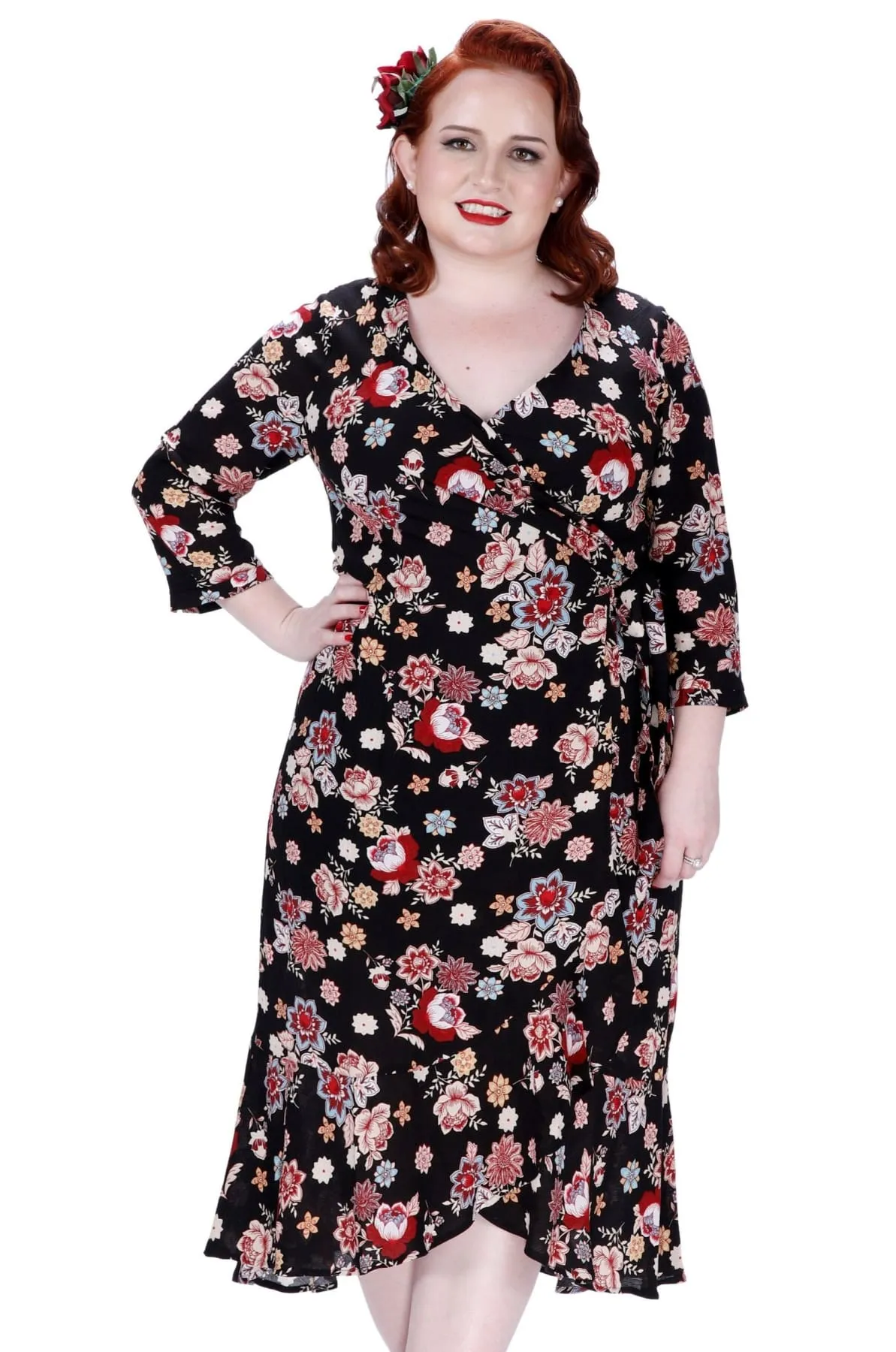 Fun Paisley Floral Garden Black Ruffle Wrap Dress