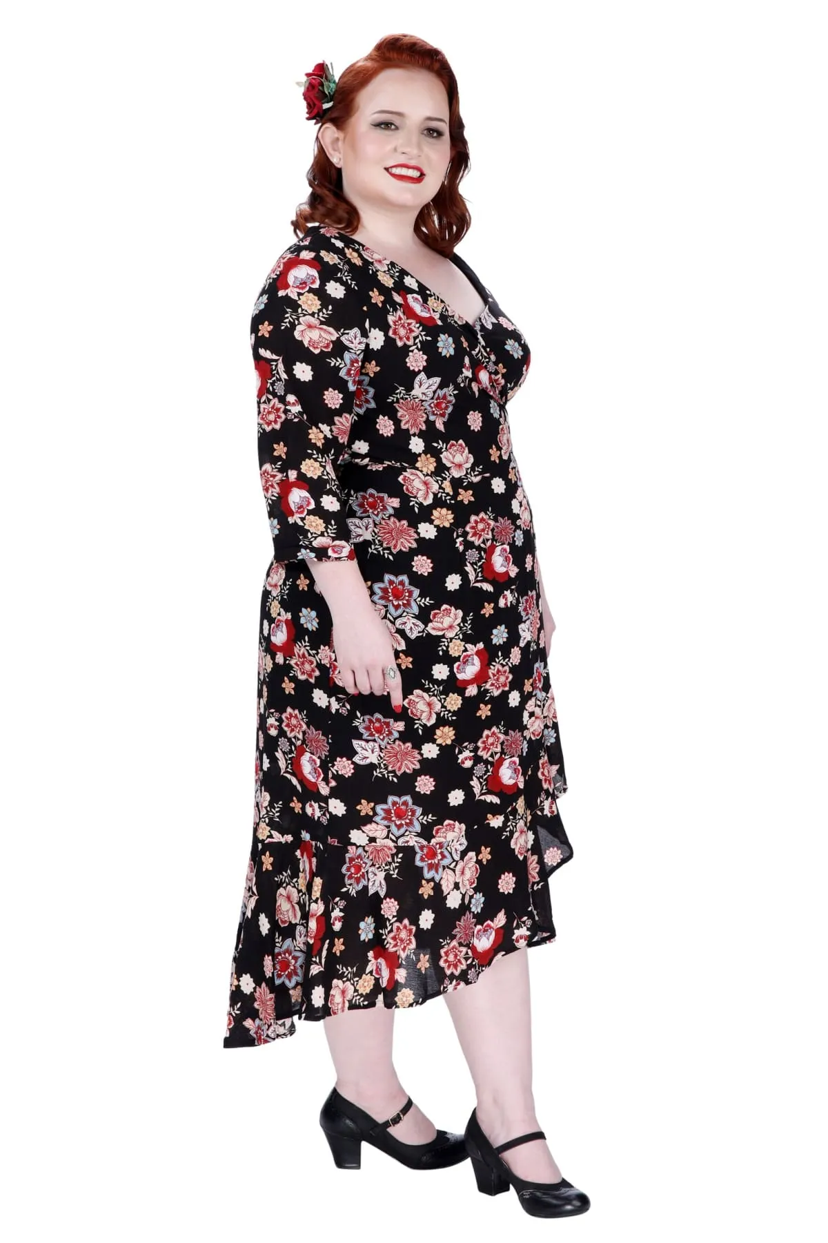 Fun Paisley Floral Garden Black Ruffle Wrap Dress