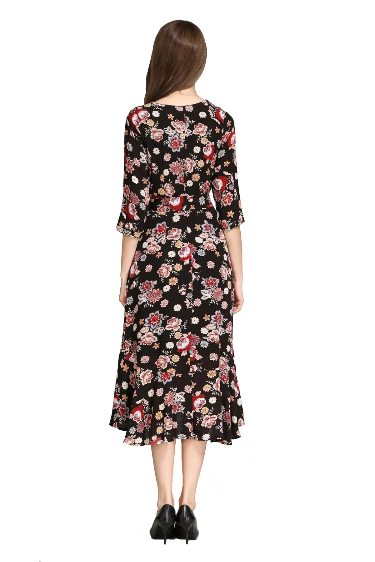 Fun Paisley Floral Garden Black Ruffle Wrap Dress