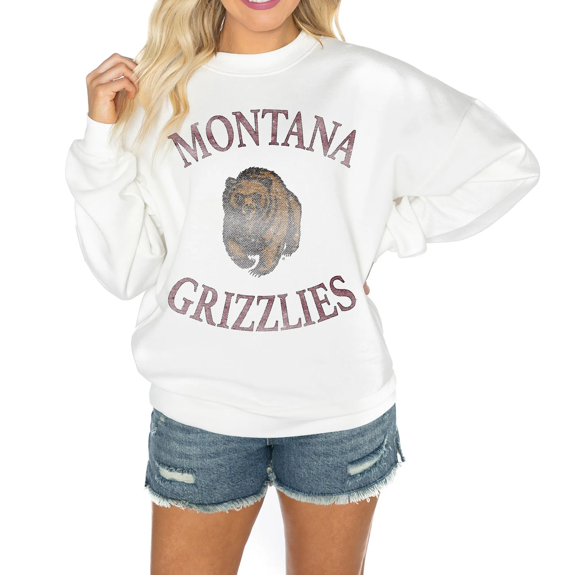 Gameday Couture Montana Grizzlies Women's White Good Vibes Premium Fleece Drop Shoulder Pullover Sweatshirt