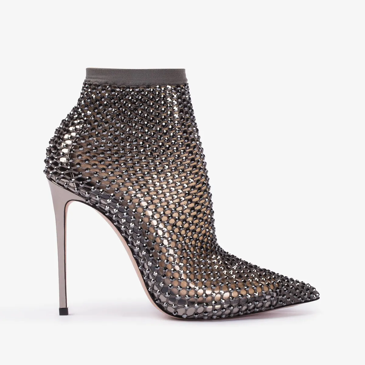 GILDA ANKLE BOOT 120 mm Pewter fishnet ankle boot with Crystals