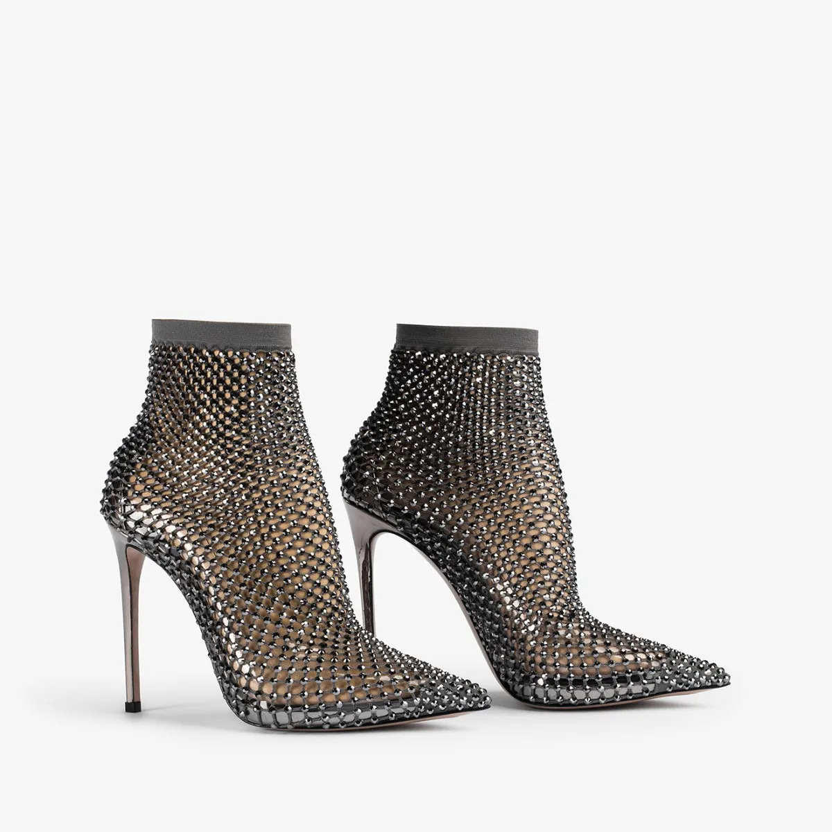 GILDA ANKLE BOOT 120 mm Pewter fishnet ankle boot with Crystals