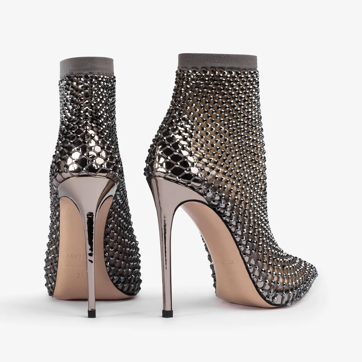 GILDA ANKLE BOOT 120 mm Pewter fishnet ankle boot with Crystals