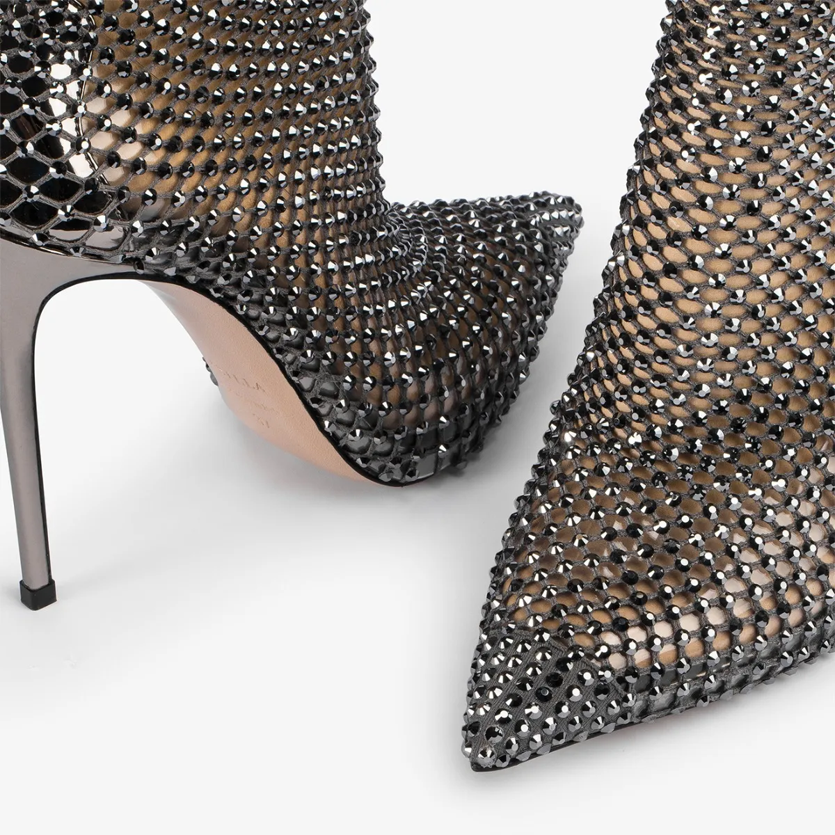 GILDA ANKLE BOOT 120 mm Pewter fishnet ankle boot with Crystals