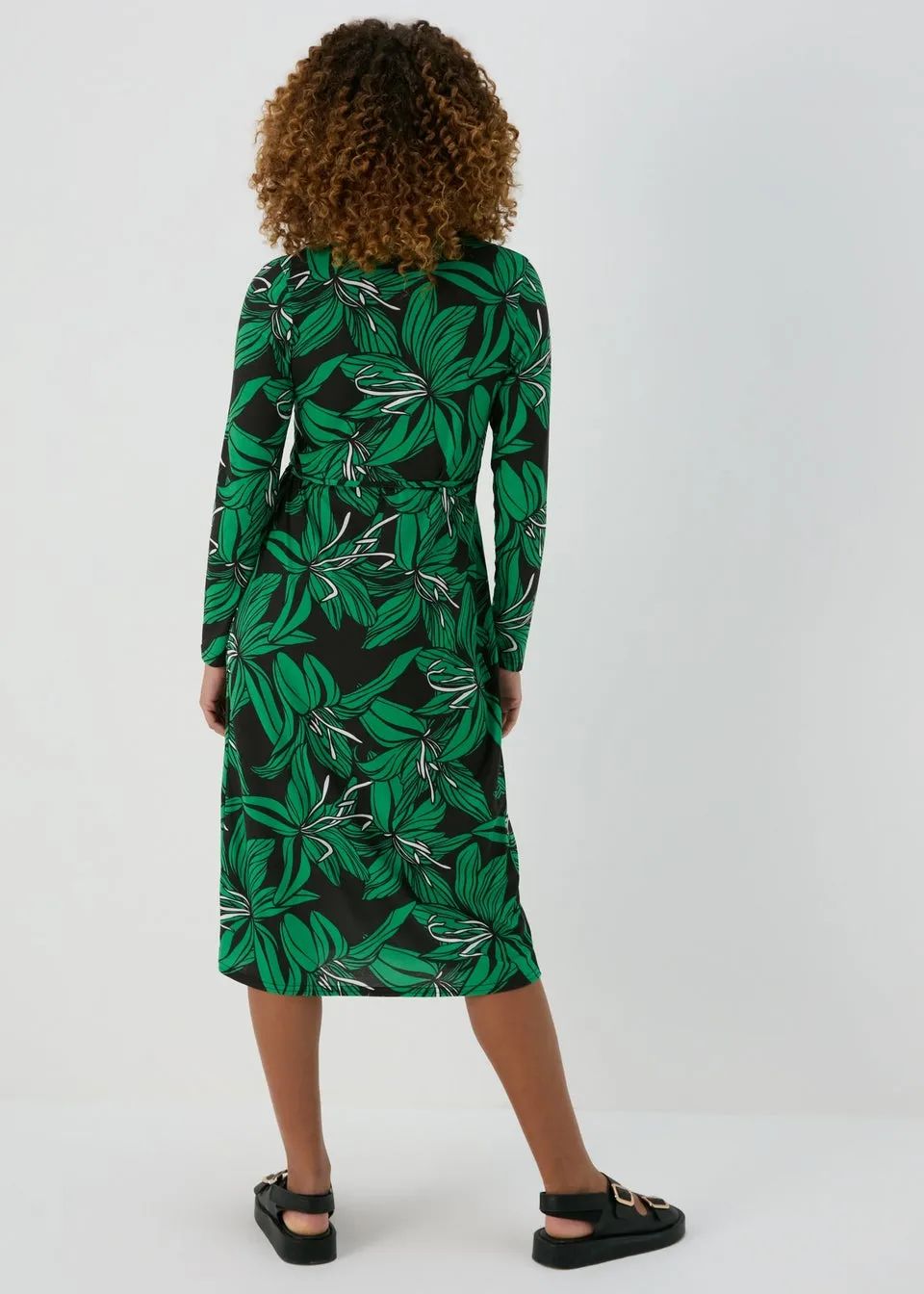 Green Floral Print Jersey Wrap Dress