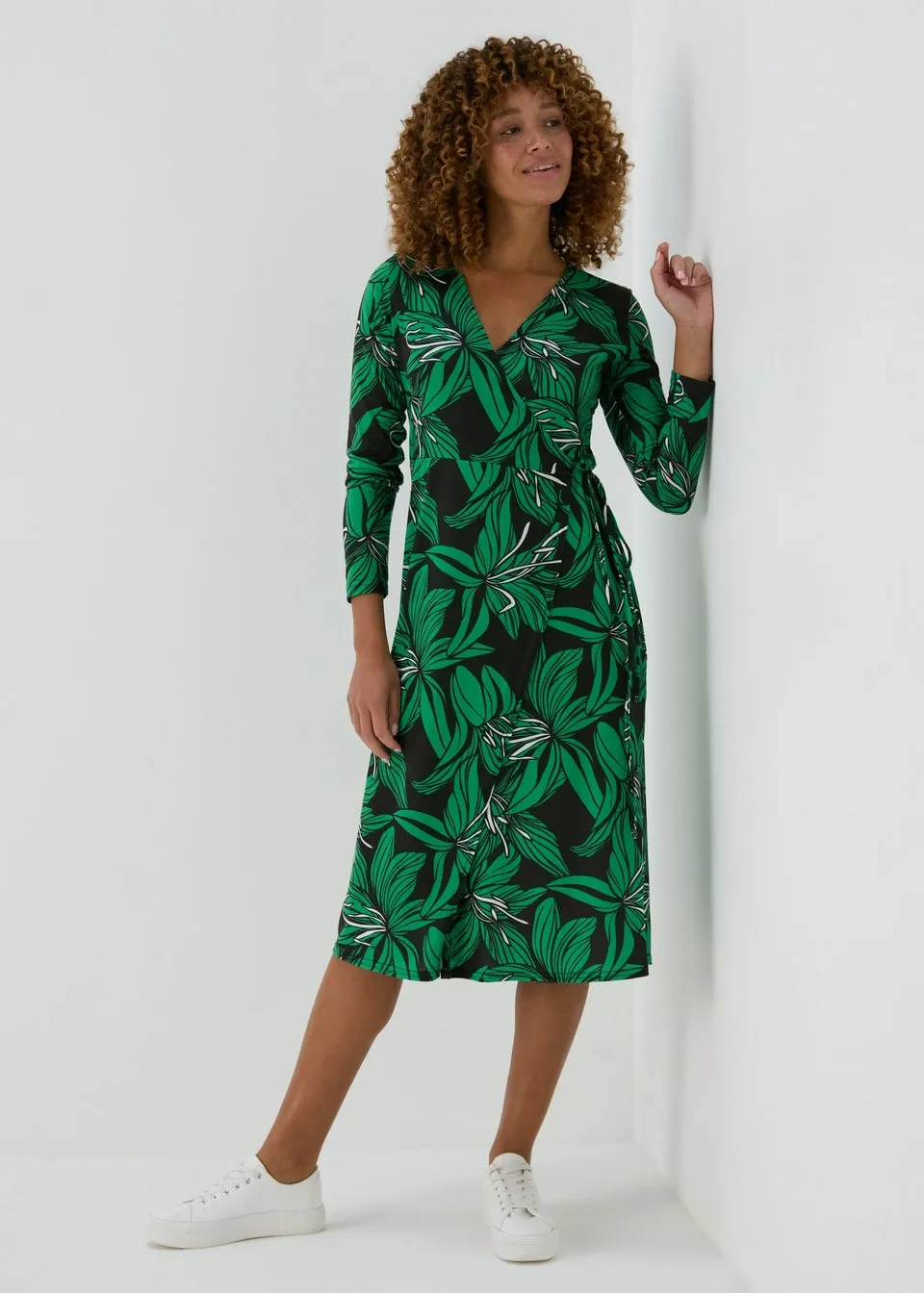 Green Floral Print Jersey Wrap Dress