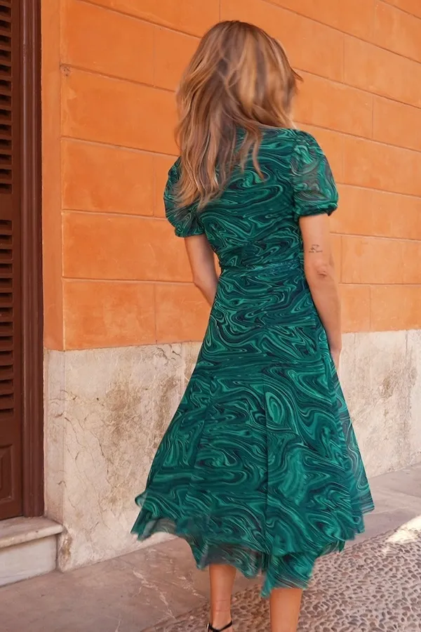 Green Marble Print Mesh Wrap Jersey Dress