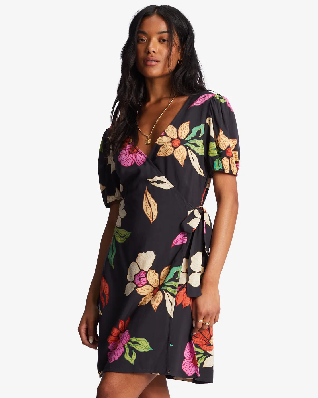 Hot Tropics Mini Wrap Dress - Black Pebble