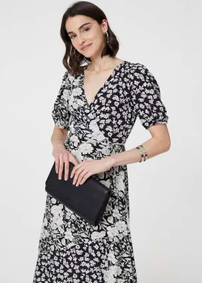 Izabel London Black/White Floral 1/2 Sleeve Midi Wrap Dress