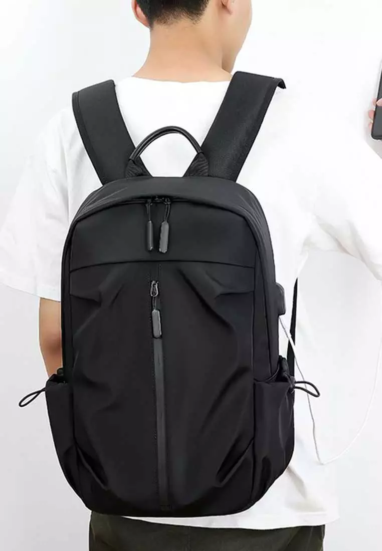 Lara Men's Leisure Minimalist Plain Nylon Zipper Backpack - Black