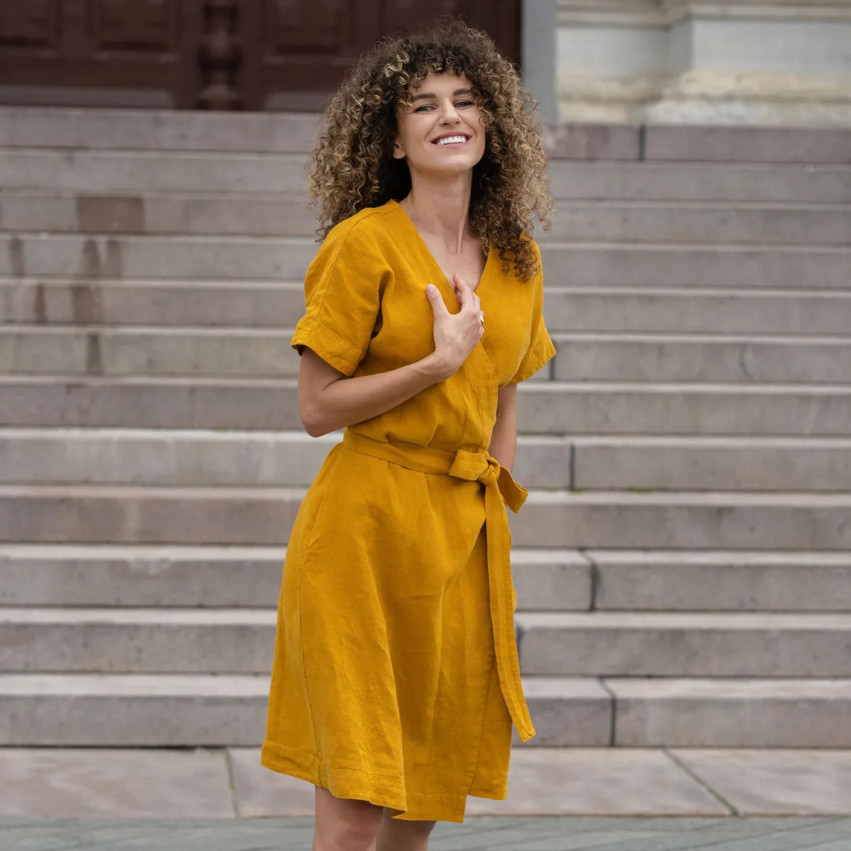 Linen Wrap Dress Eliana Spicy Yellow