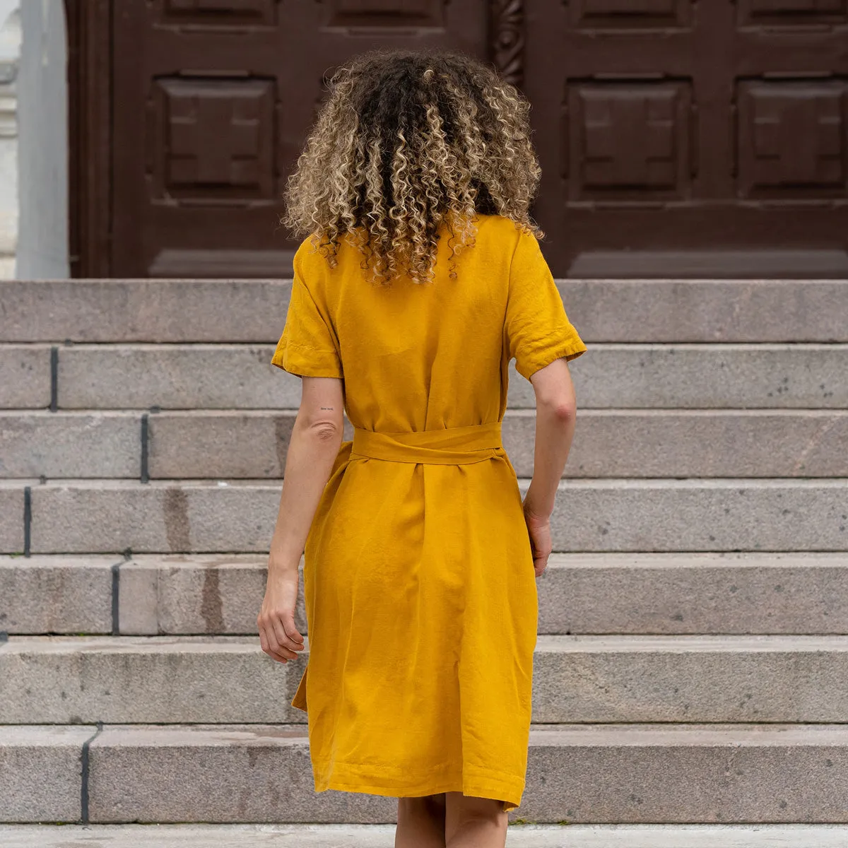 Linen Wrap Dress Eliana Spicy Yellow