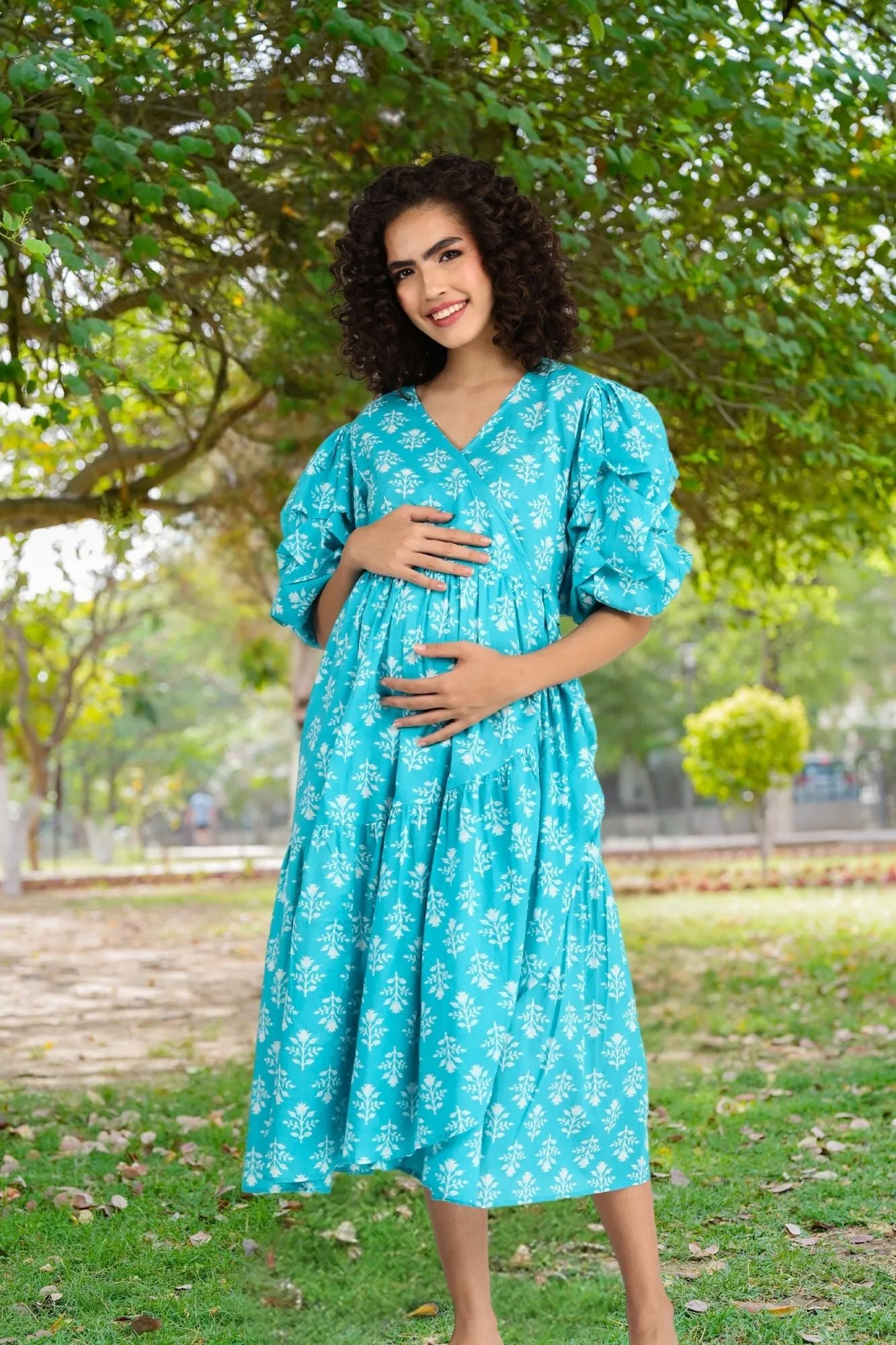 Love Iris Blue Maternity & Nursing Frill Wrap Dress (100% Cotton)