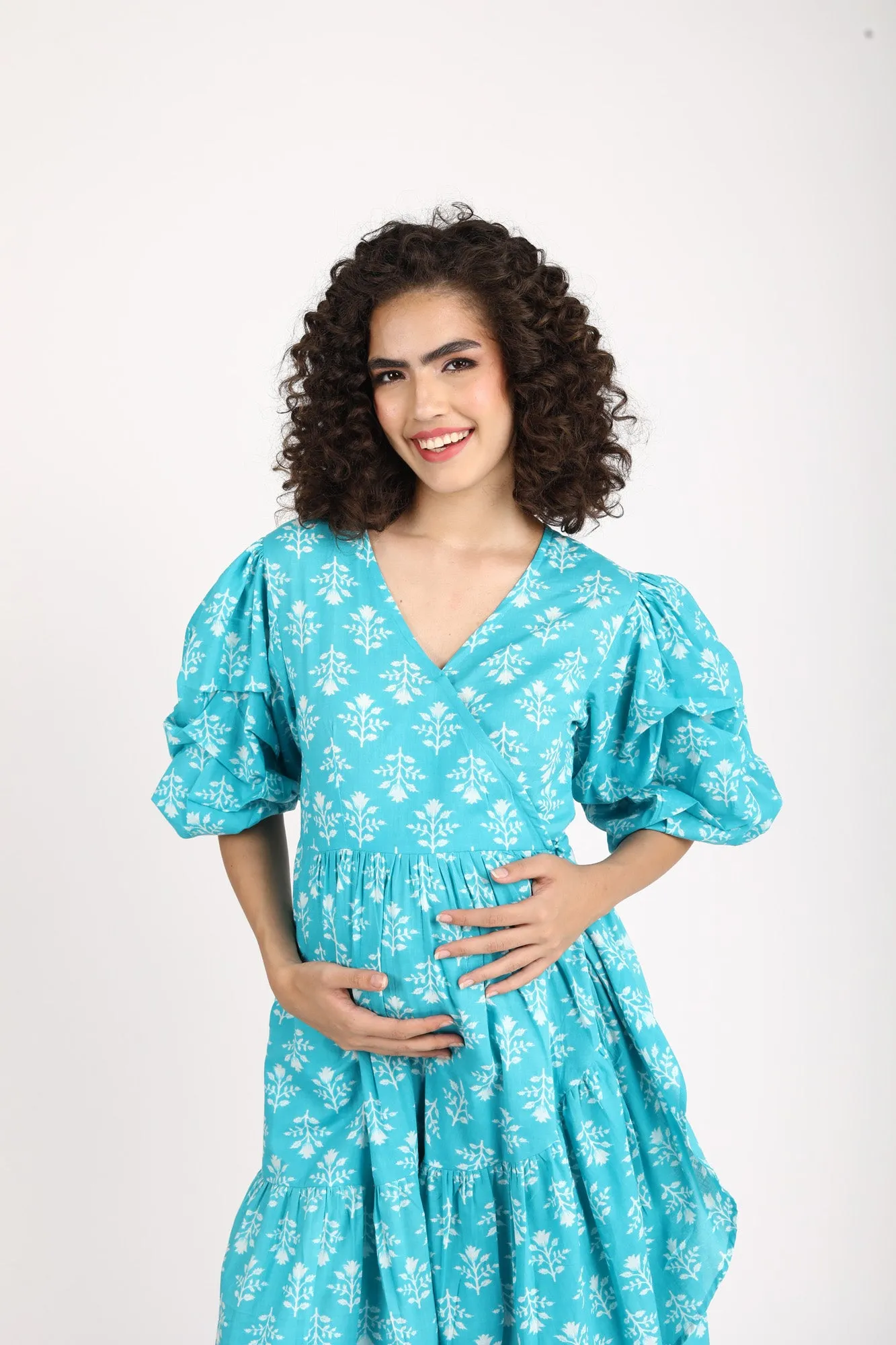 Love Iris Blue Maternity & Nursing Frill Wrap Dress (100% Cotton)