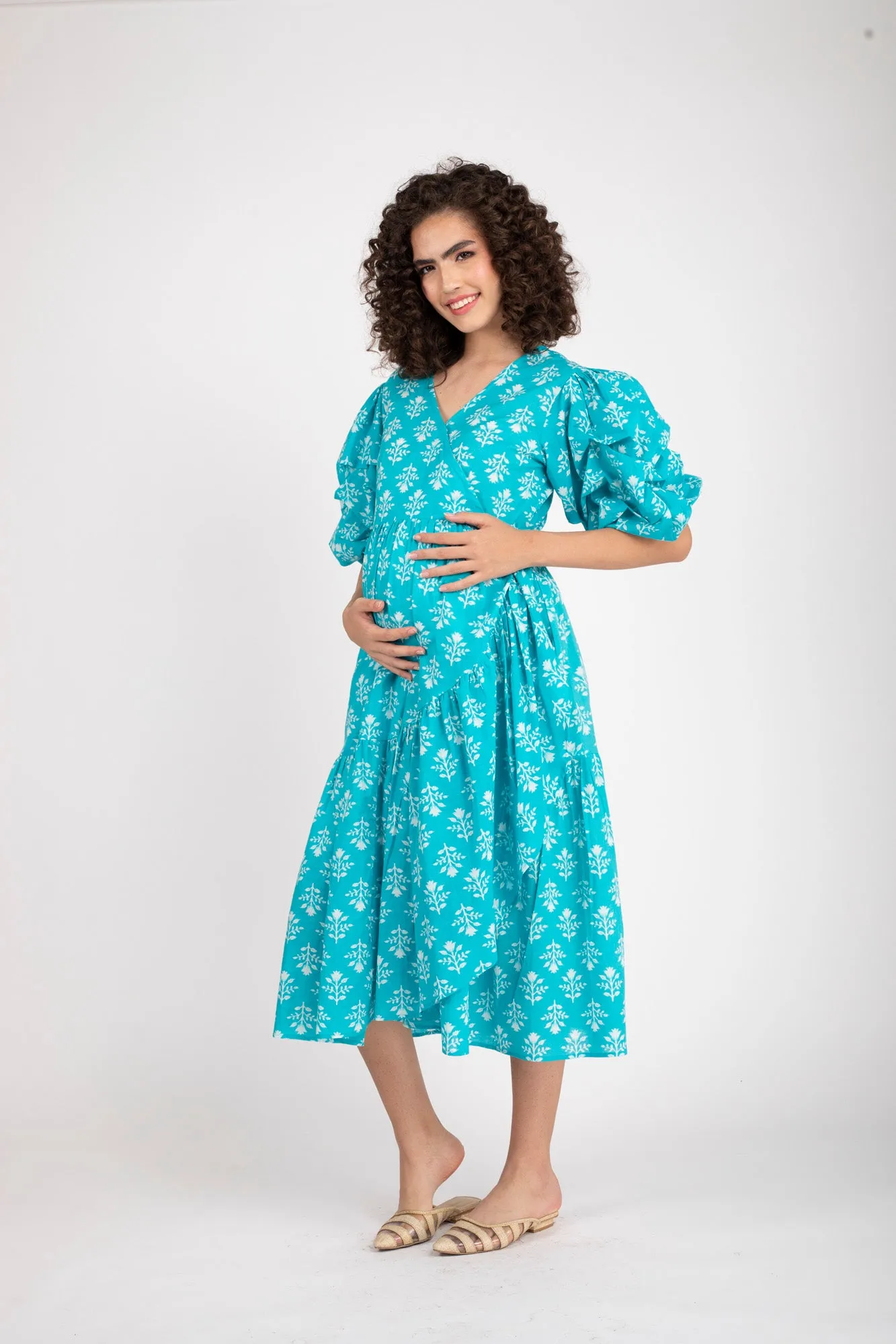 Love Iris Blue Maternity & Nursing Frill Wrap Dress (100% Cotton)