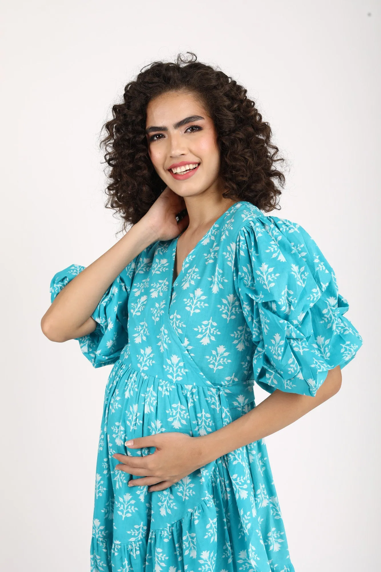 Love Iris Blue Maternity & Nursing Frill Wrap Dress (100% Cotton)