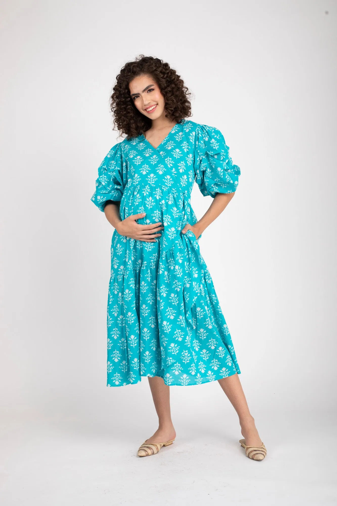 Love Iris Blue Maternity & Nursing Frill Wrap Dress (100% Cotton)