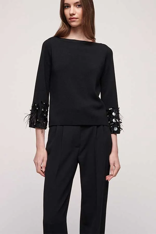 Luisa Spagnoli MULINO SEQUINNED FEATHER CUFFS PULLOVER