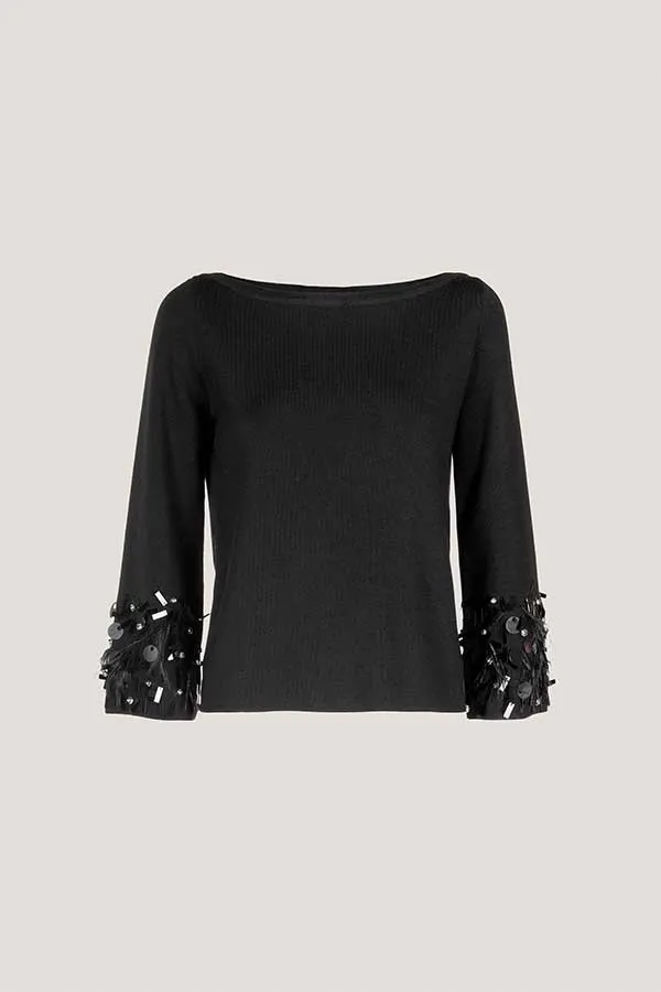 Luisa Spagnoli MULINO SEQUINNED FEATHER CUFFS PULLOVER