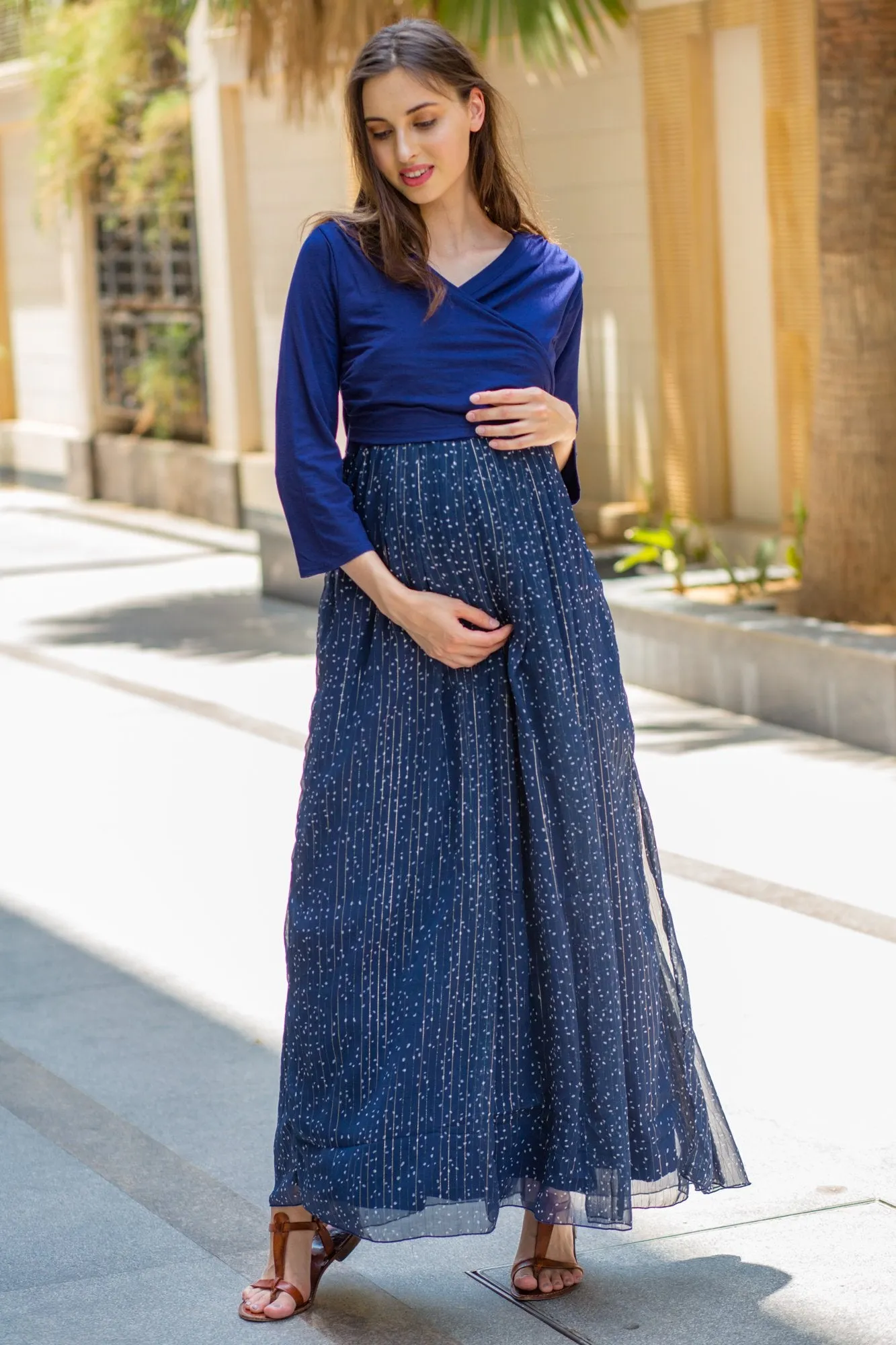 Luxe Blue Chiffon Navy Maternity & Nursing Wrap Dress