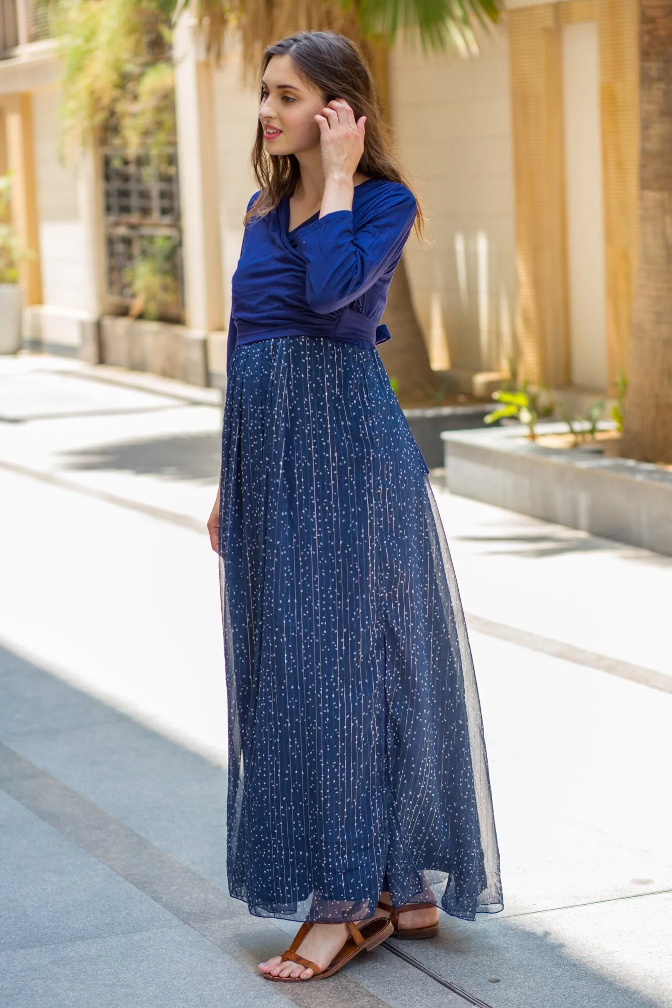 Luxe Blue Chiffon Navy Maternity & Nursing Wrap Dress