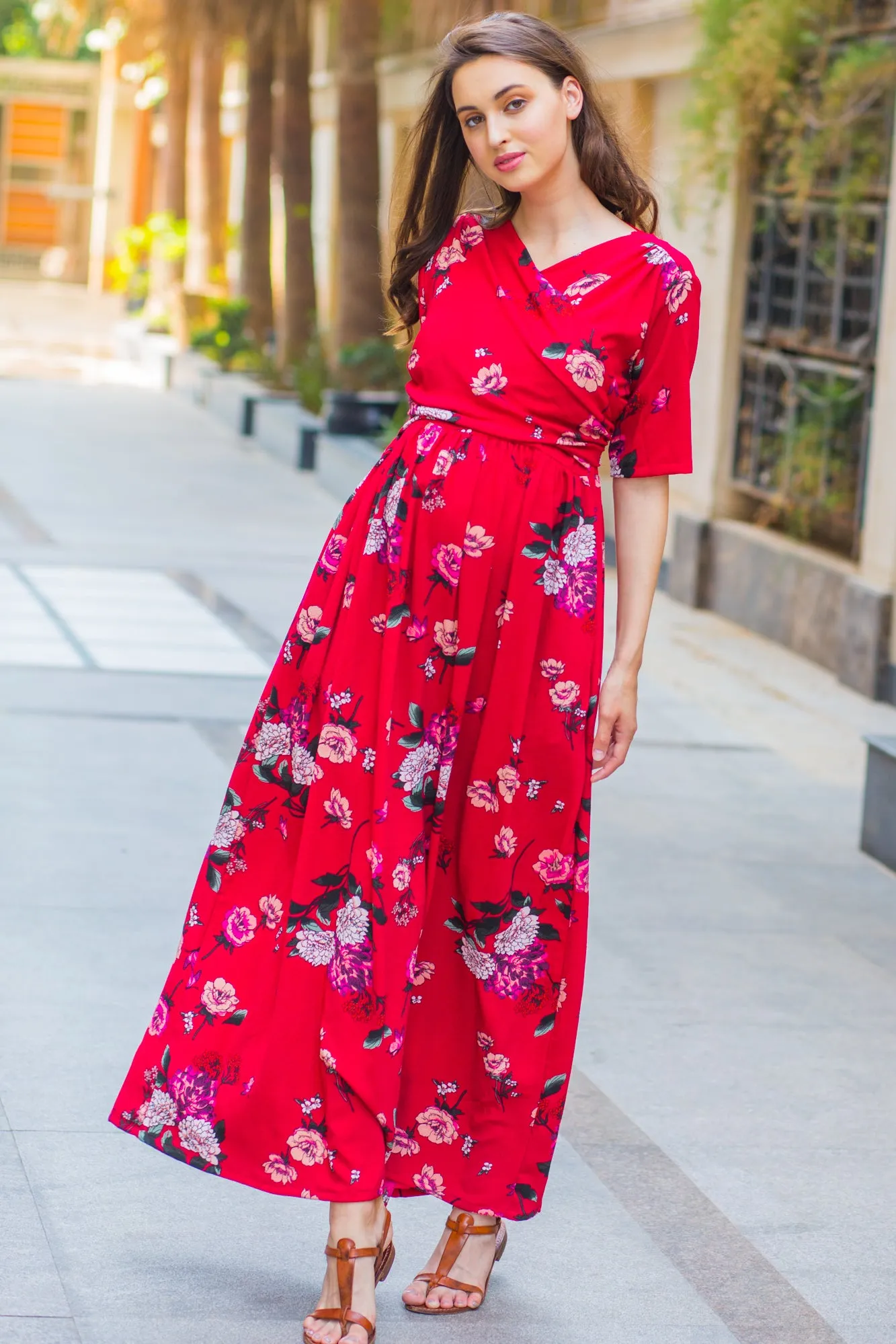 Luxe Red Floral Bubble Georgette Maternity & Nursing Wrap Dress