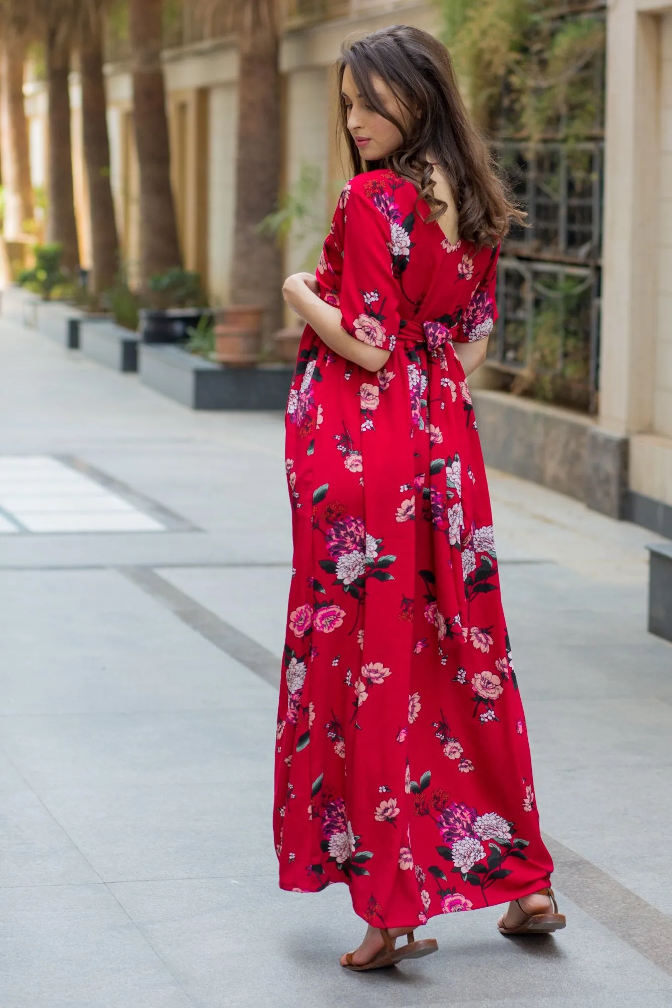 Luxe Red Floral Bubble Georgette Maternity & Nursing Wrap Dress