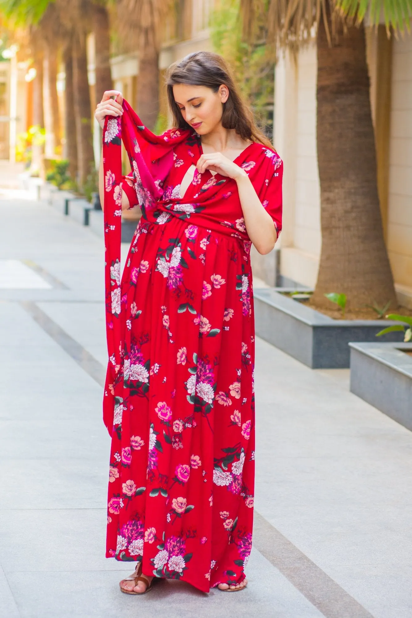 Luxe Red Floral Bubble Georgette Maternity & Nursing Wrap Dress