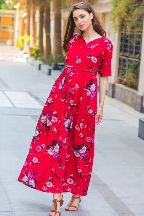 Luxe Red Floral Bubble Georgette Maternity & Nursing Wrap Dress