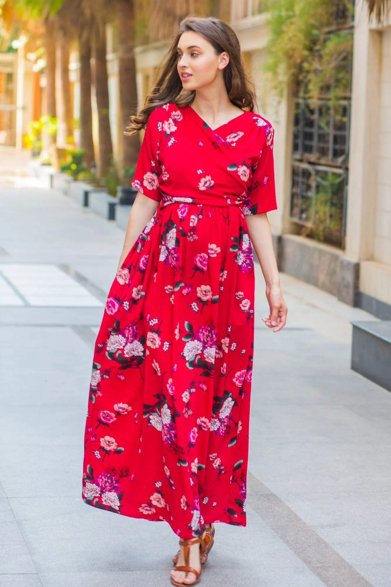 Luxe Red Floral Bubble Georgette Maternity & Nursing Wrap Dress