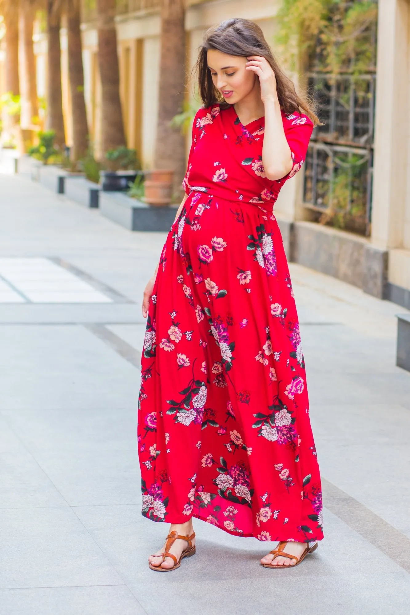 Luxe Red Floral Bubble Georgette Maternity & Nursing Wrap Dress