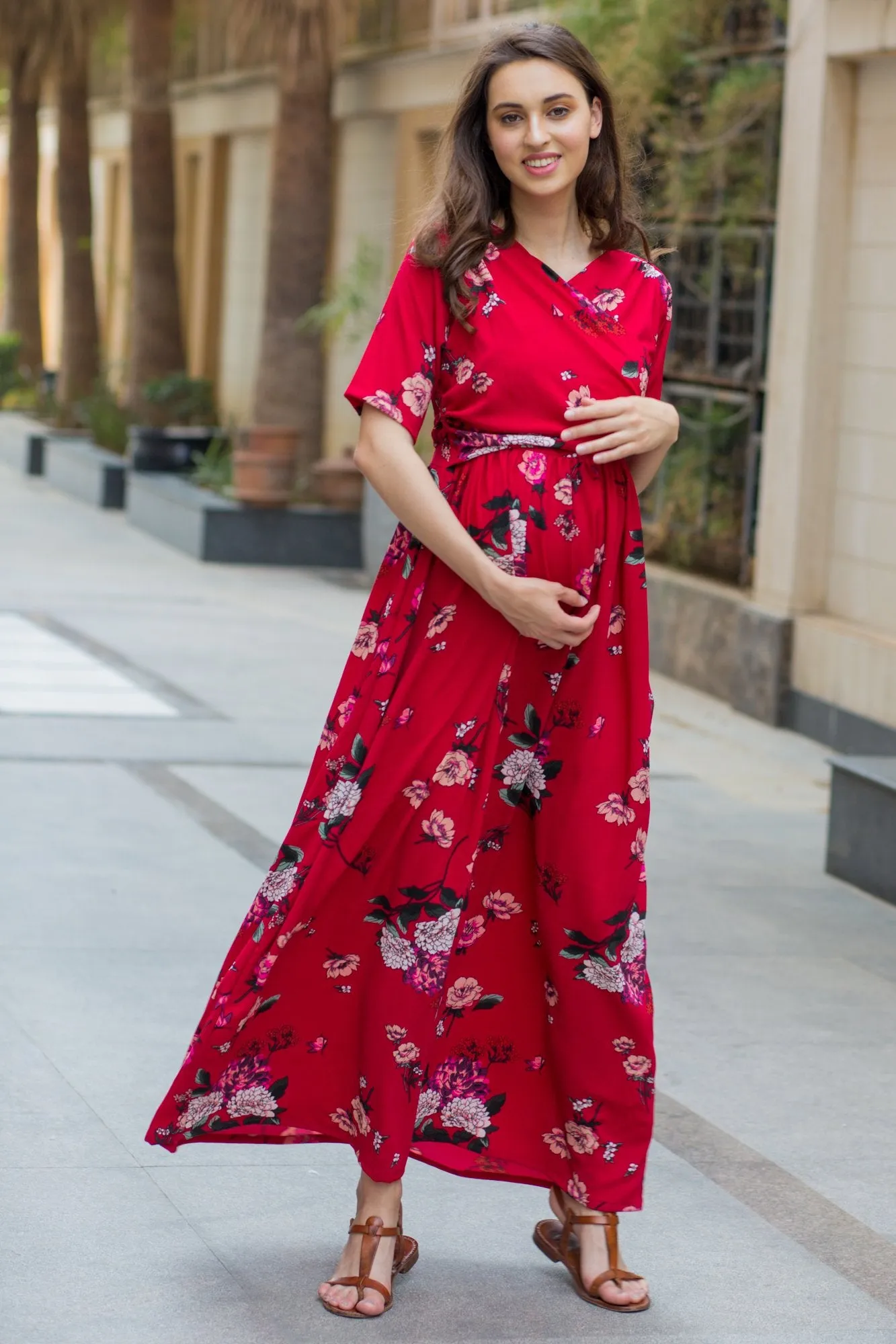 Luxe Red Floral Bubble Georgette Maternity & Nursing Wrap Dress