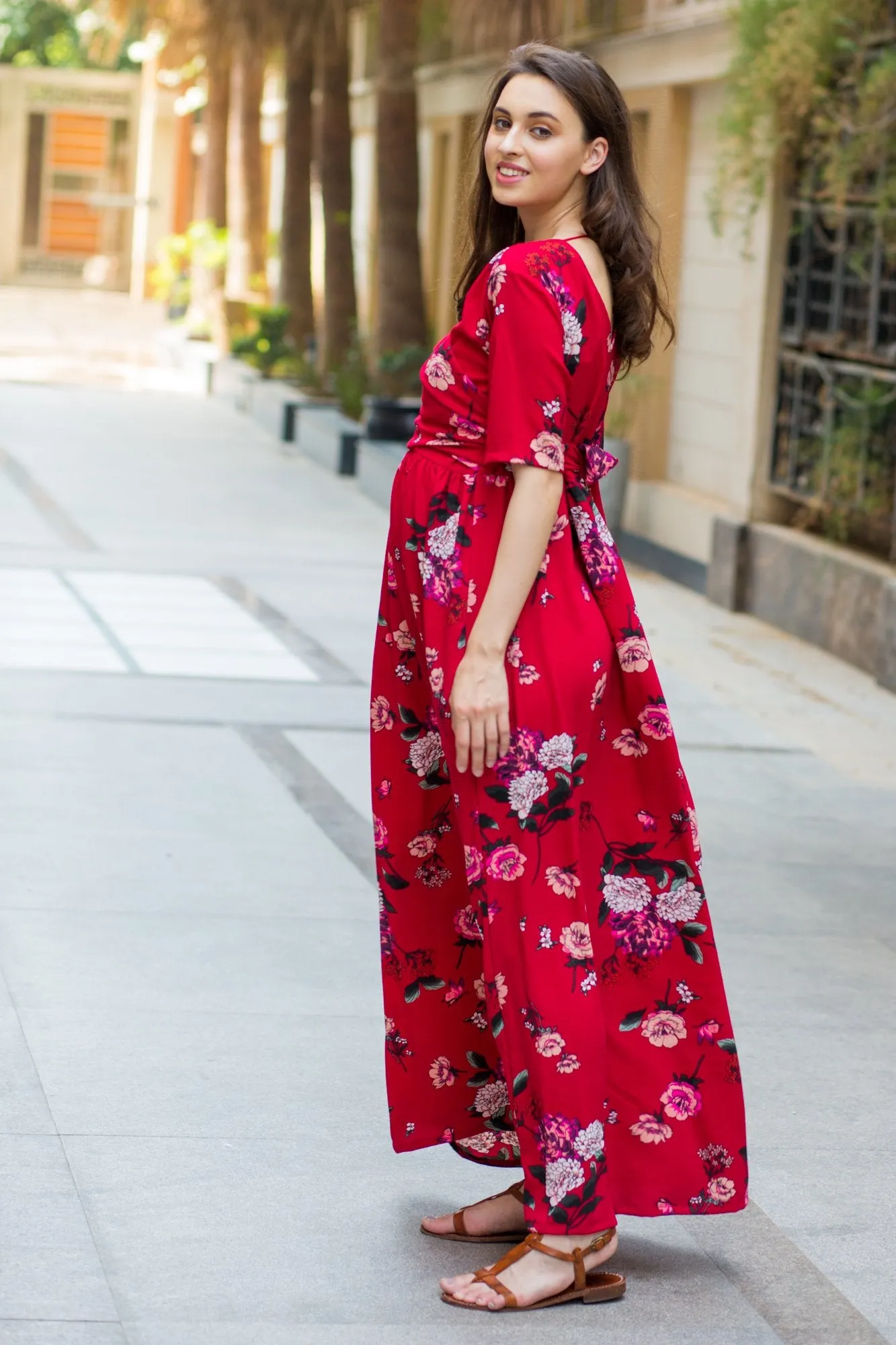 Luxe Red Floral Bubble Georgette Maternity & Nursing Wrap Dress