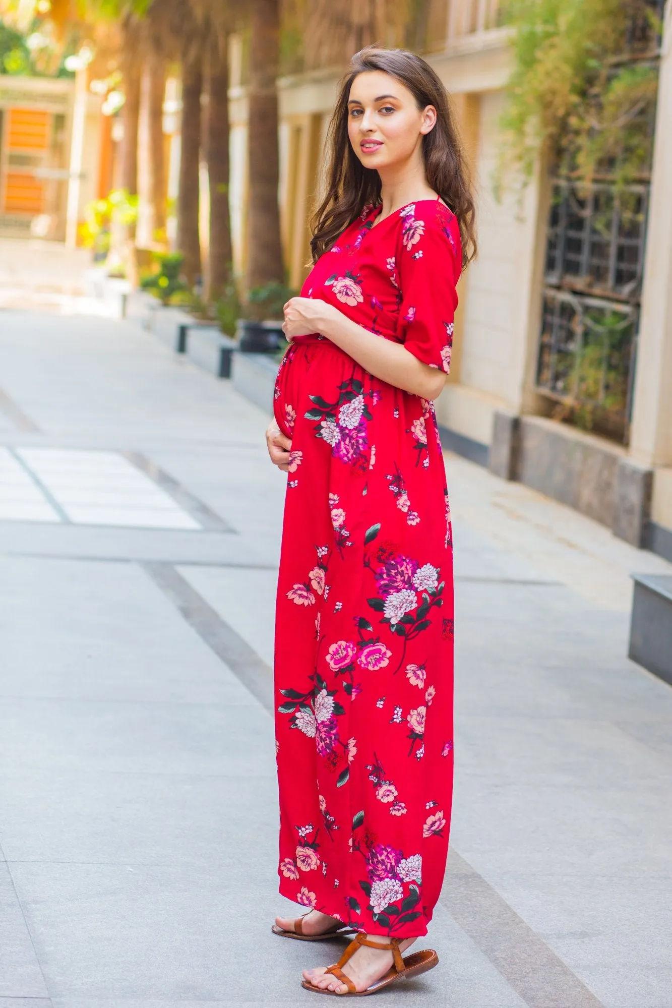 Luxe Red Floral Bubble Georgette Maternity & Nursing Wrap Dress