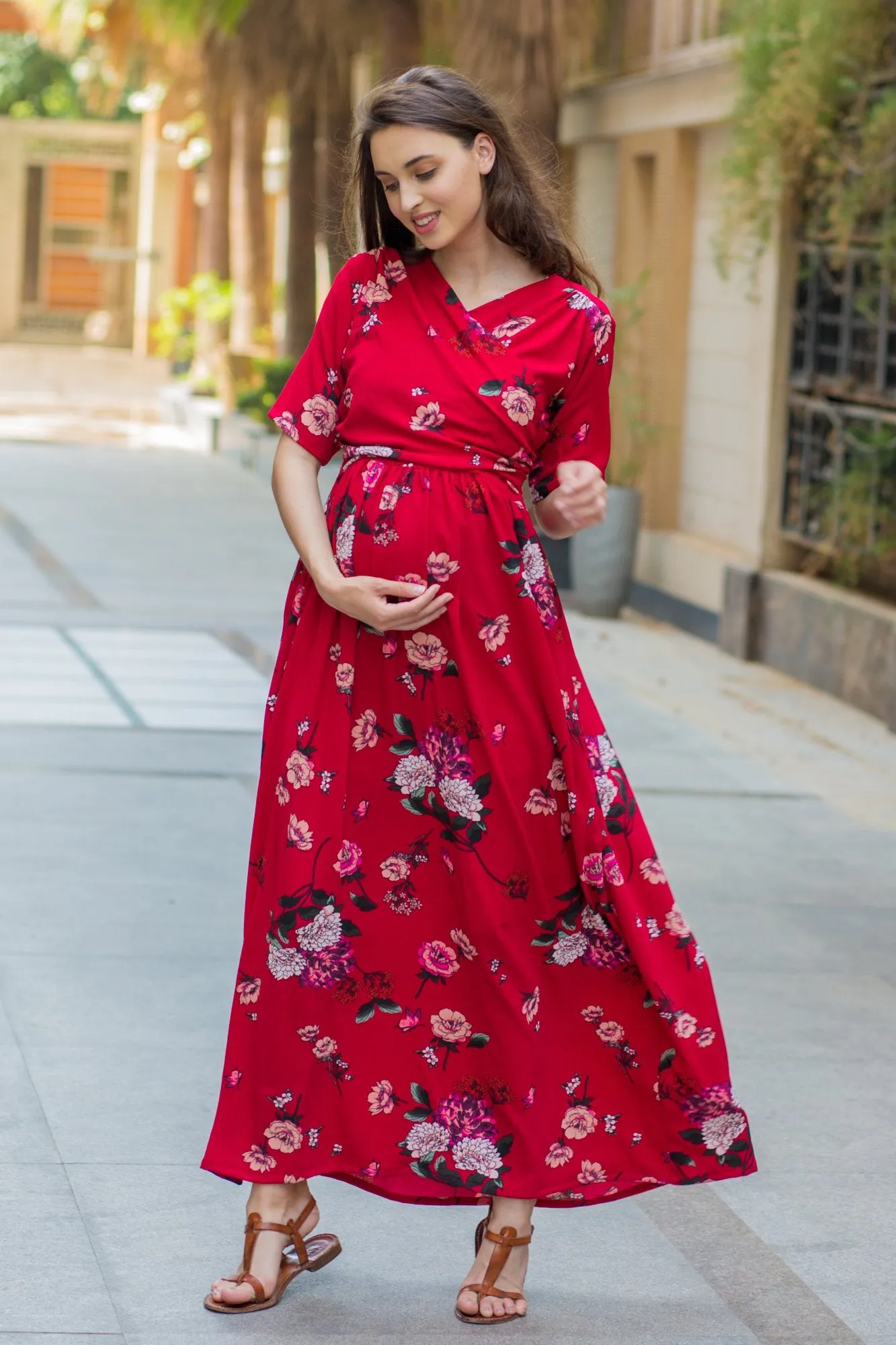 Luxe Red Floral Bubble Georgette Maternity & Nursing Wrap Dress