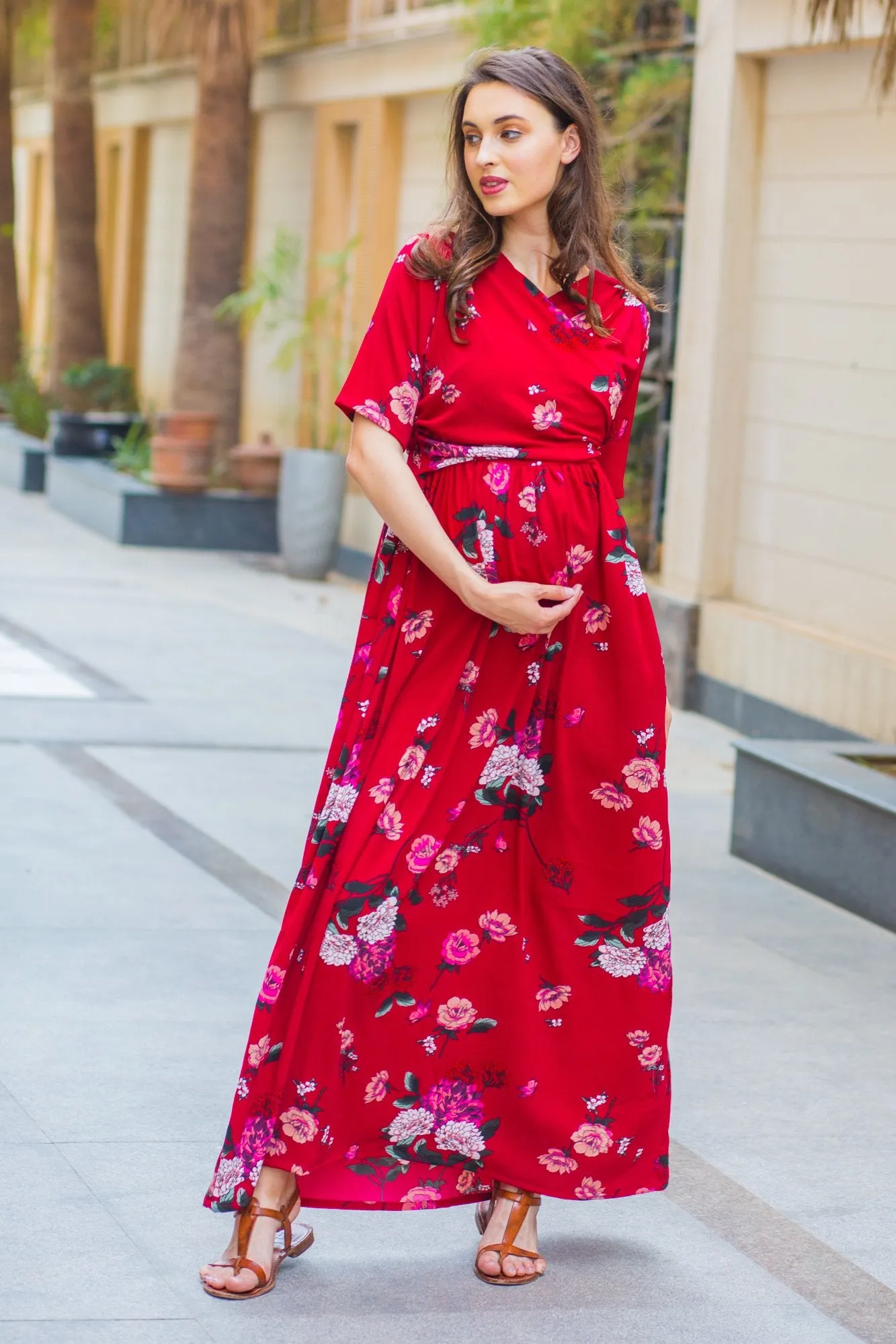 Luxe Red Floral Bubble Georgette Maternity & Nursing Wrap Dress