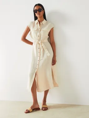 Mango Beige Shirt-style Short Sleeve Wrap Midi Dress