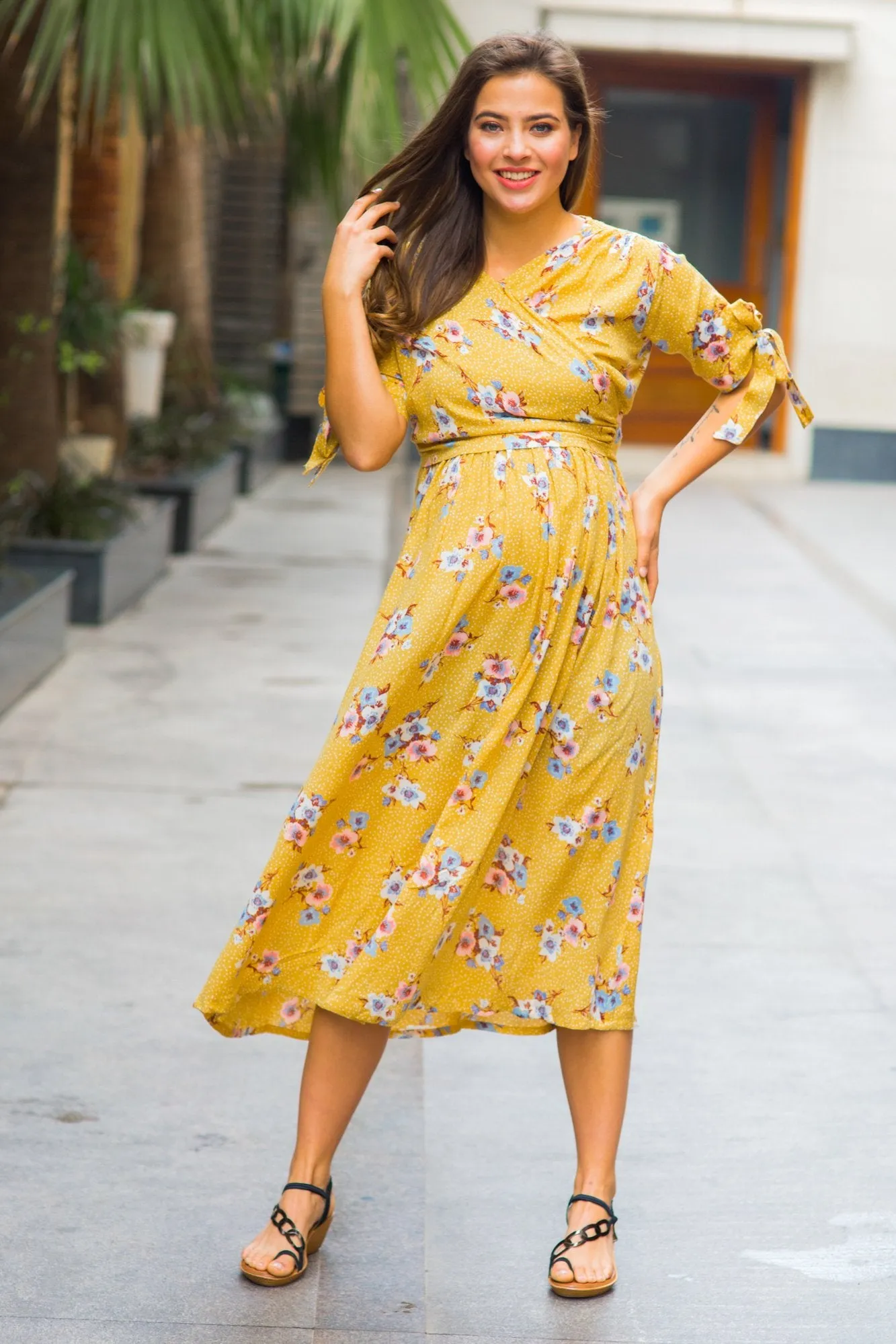 Marigold Maternity & Nursing Wrap Midi Dress