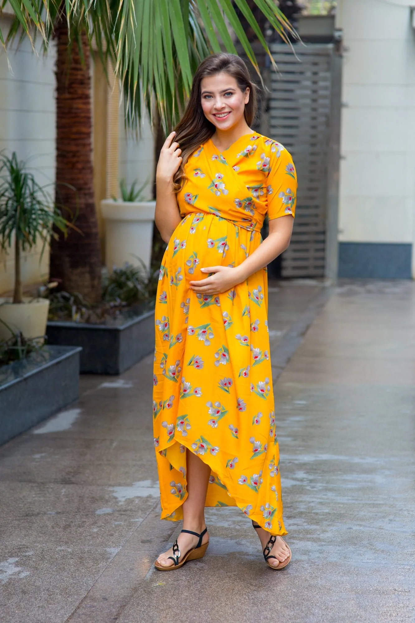 Marigold Yellow Hi-Low Maternity & Nursing Wrap Dress