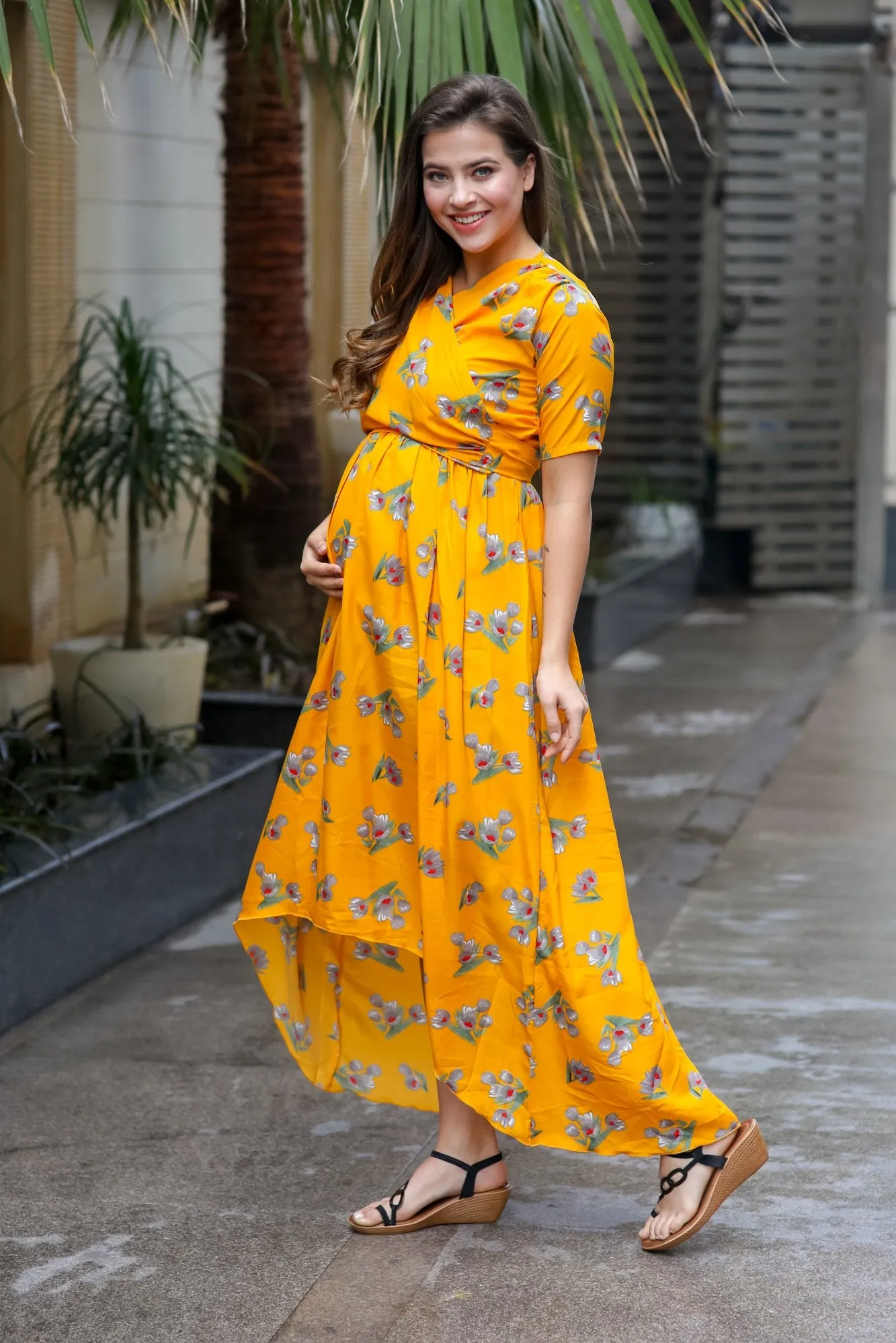 Marigold Yellow Hi-Low Maternity & Nursing Wrap Dress