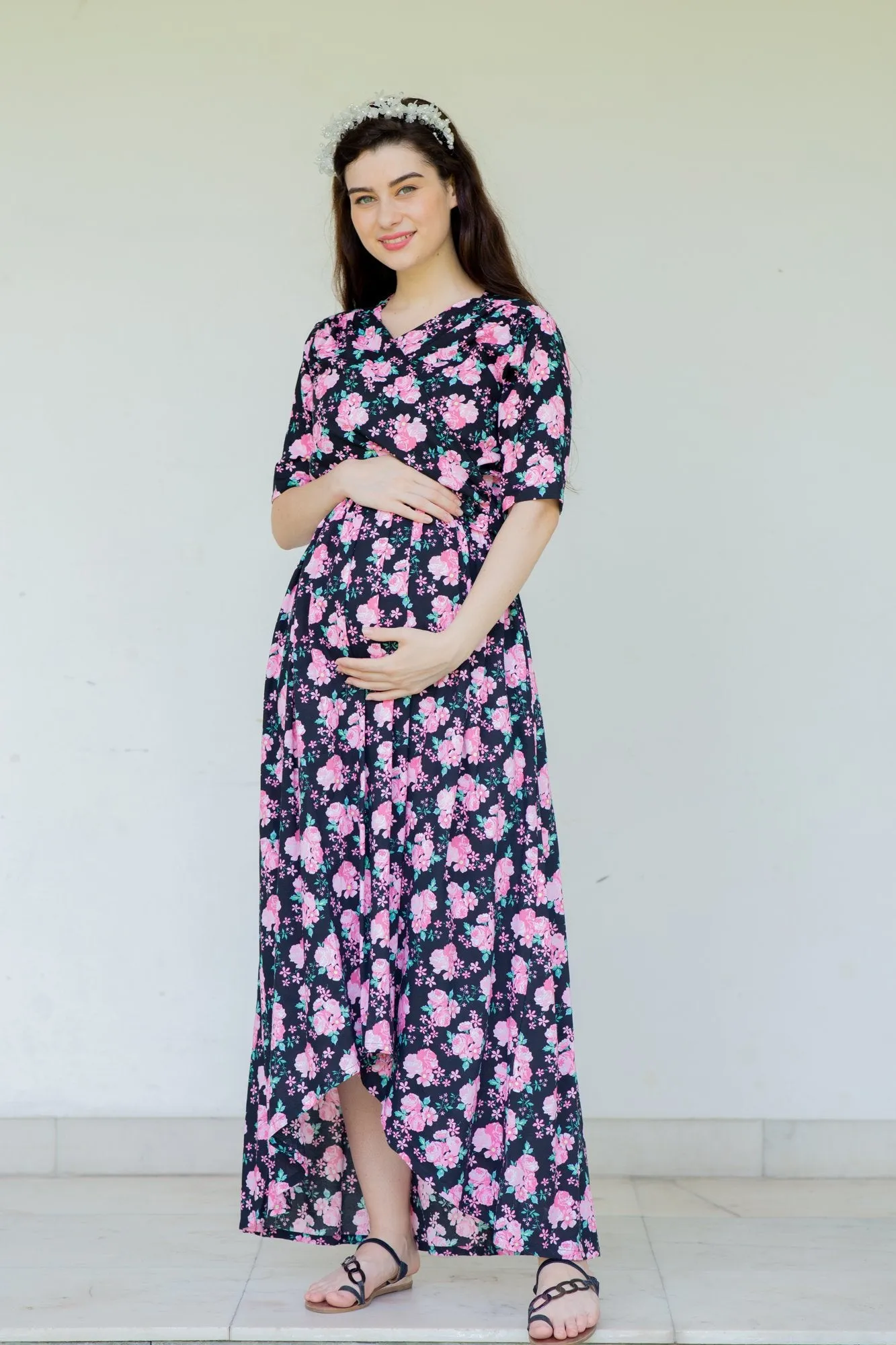 Midnight Breeze Maternity & Nursing Hi-Low Wrap Dress