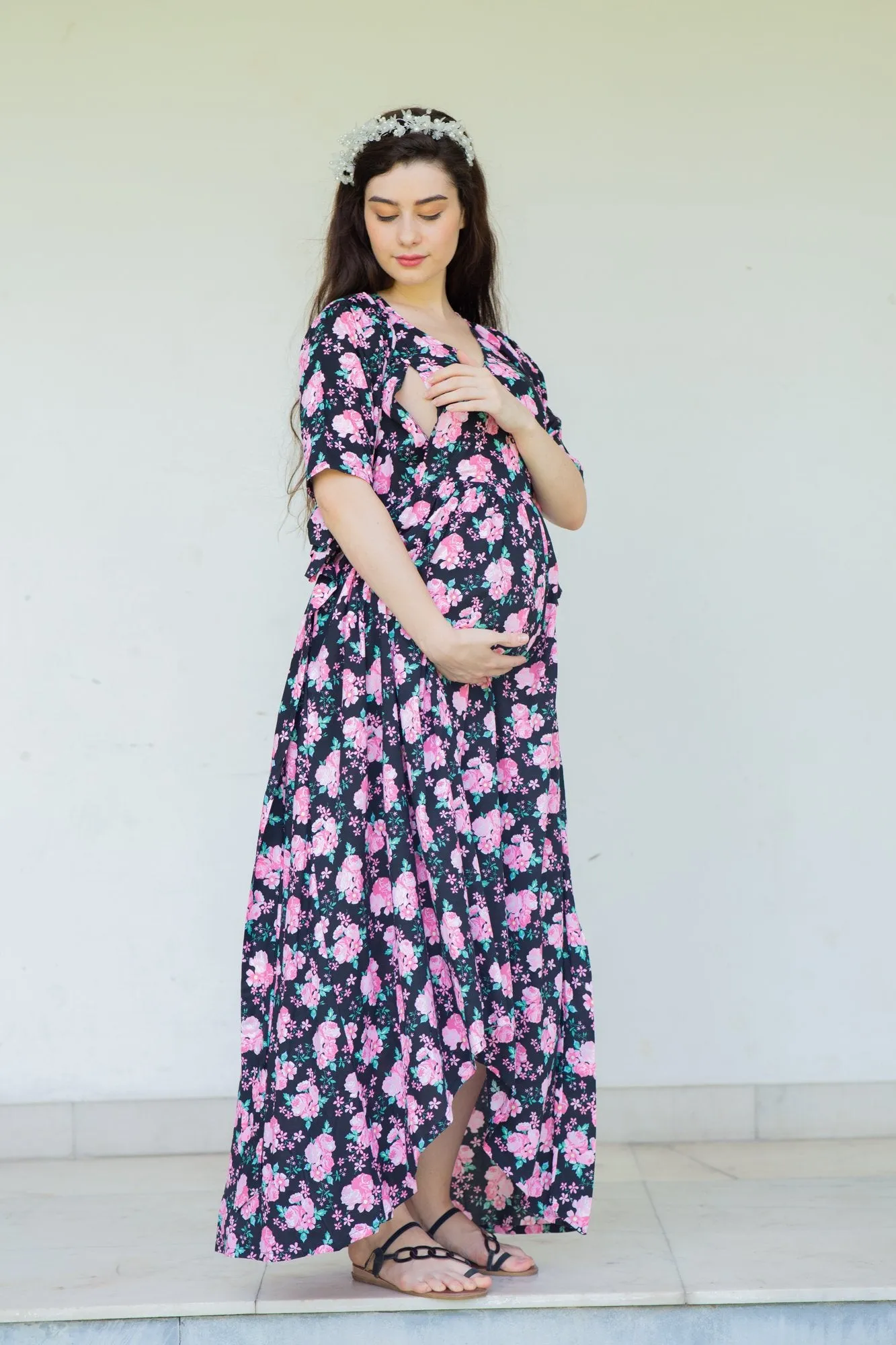 Midnight Breeze Maternity & Nursing Hi-Low Wrap Dress