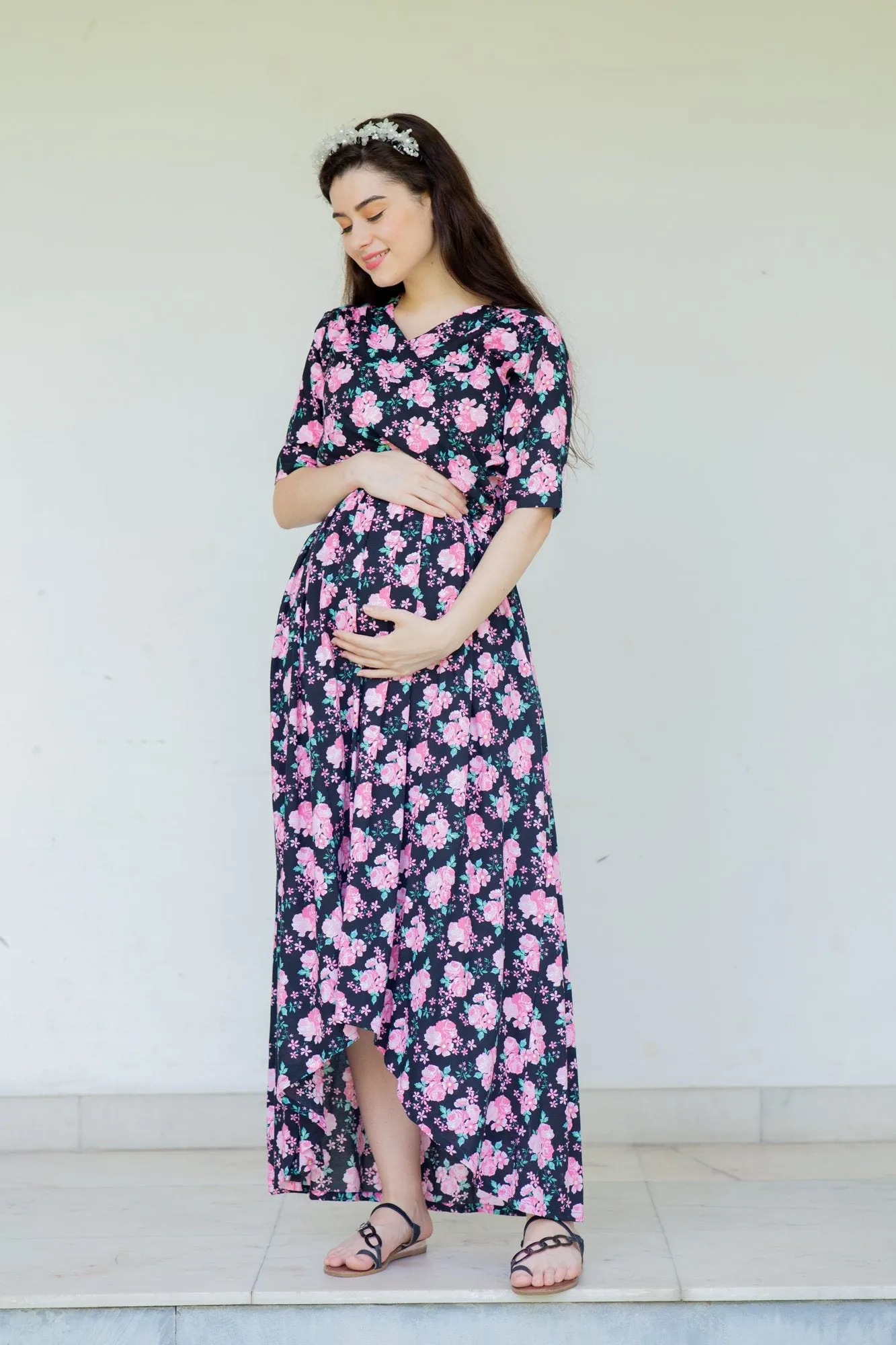 Midnight Breeze Maternity & Nursing Hi-Low Wrap Dress