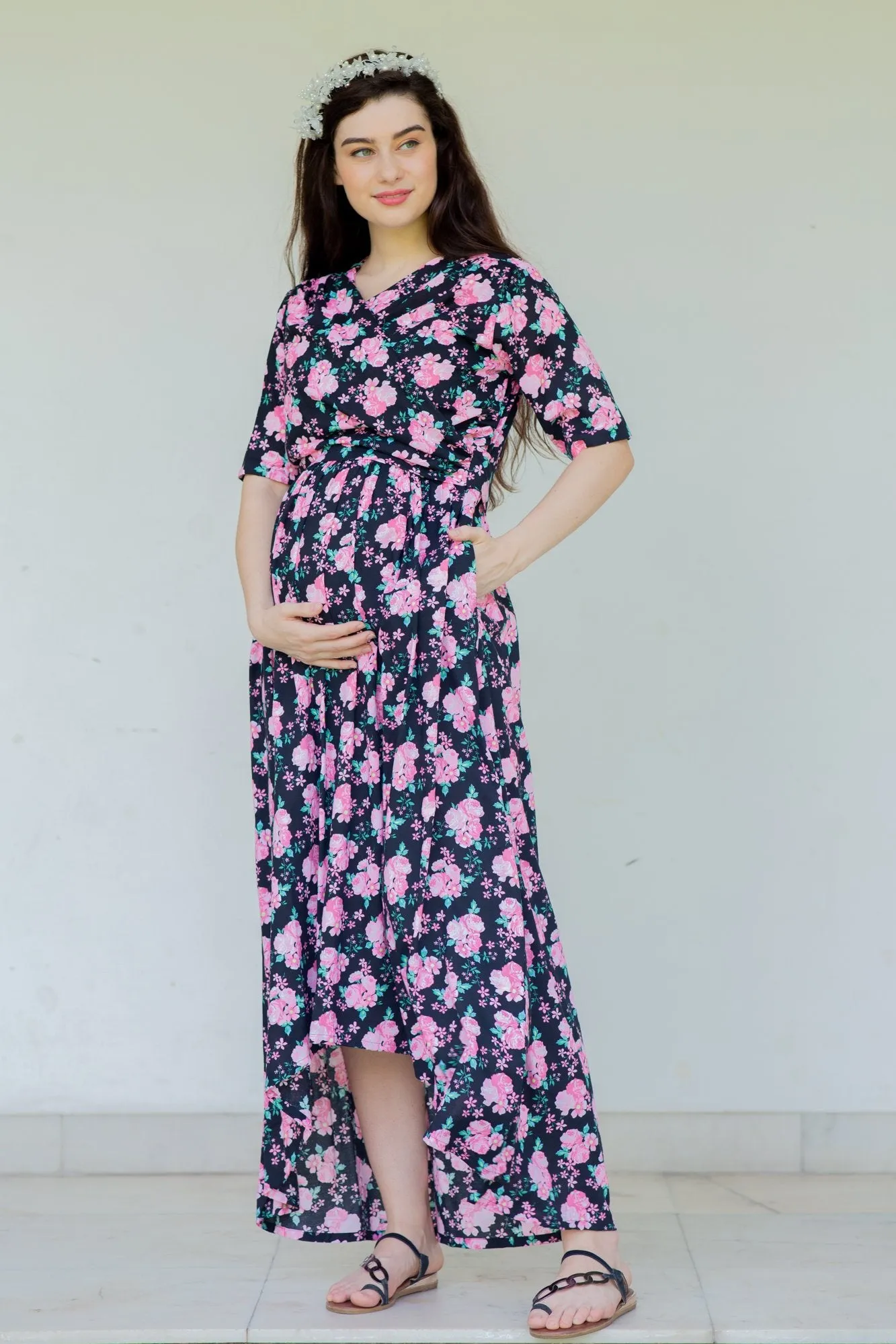 Midnight Breeze Maternity & Nursing Hi-Low Wrap Dress